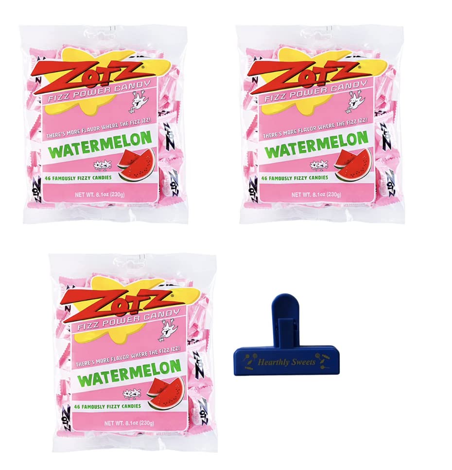 ZOTZ Fizz Power Candy - Watermelon Flavor - 8 oz Bags (3-Pack) with Heartly Candy Clip - Fun Sour Candy for Parties, Gifts & Movie Nights