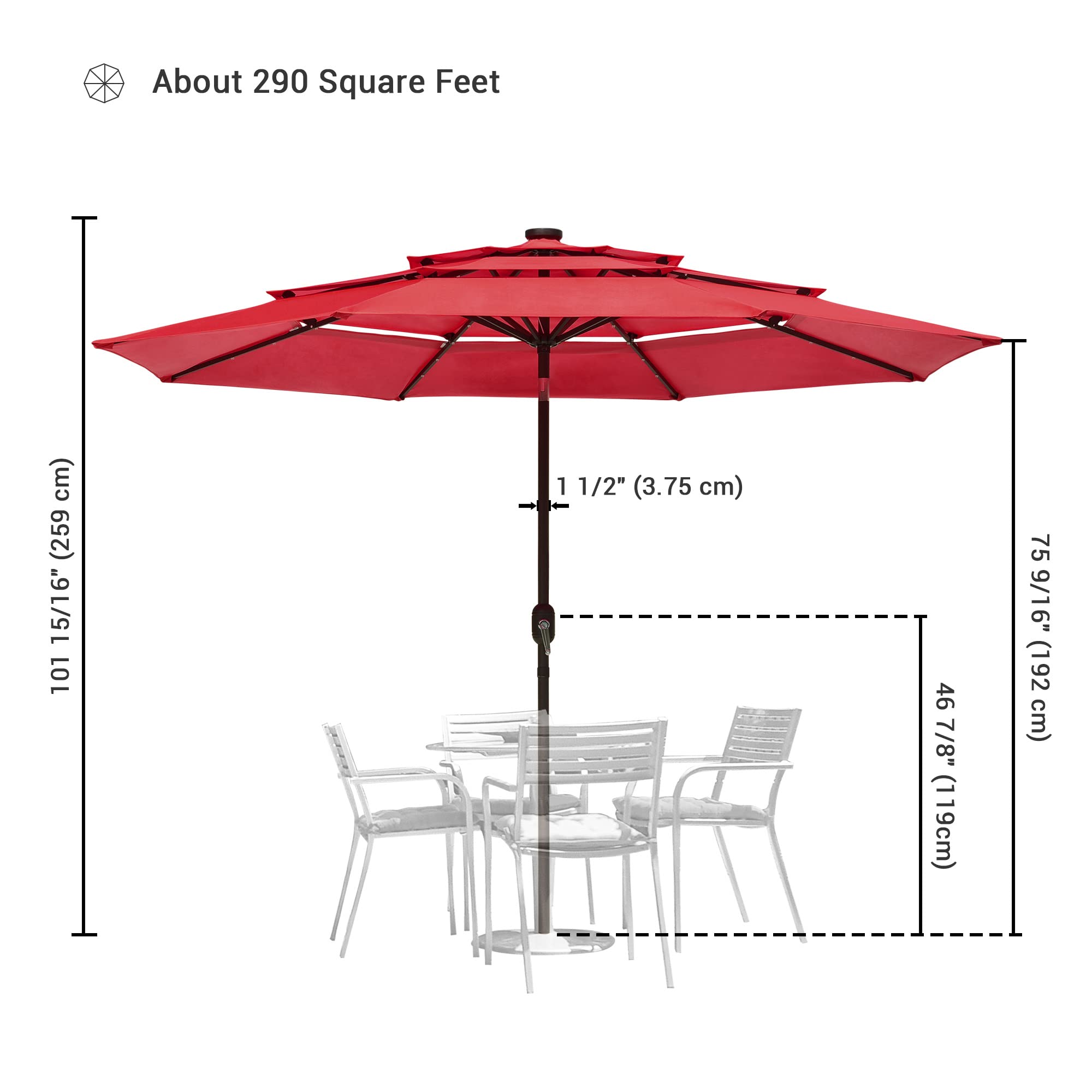 Yescom 10FT 3-Tier Solar LED Patio Umbrella with Crank & Tilt - Aluminum Frame for Outdoor Deck, Backyard, Pool Party & Night Events (Red) | Perfect for Lounging, Dining, and Entertaining Guests in Your Garden or Patio