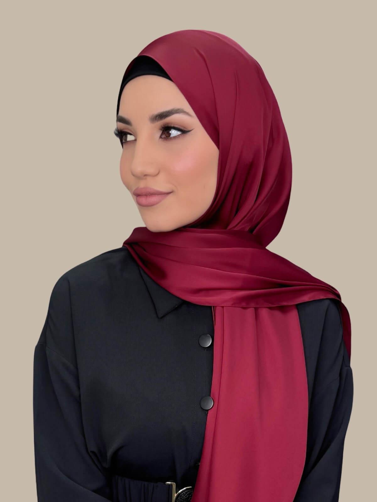 Luxury Satin Hijab Scarf - Velvet Wine Red Shawl for Women - Perfect for Daily Wear, Prayer, and Special Occasions