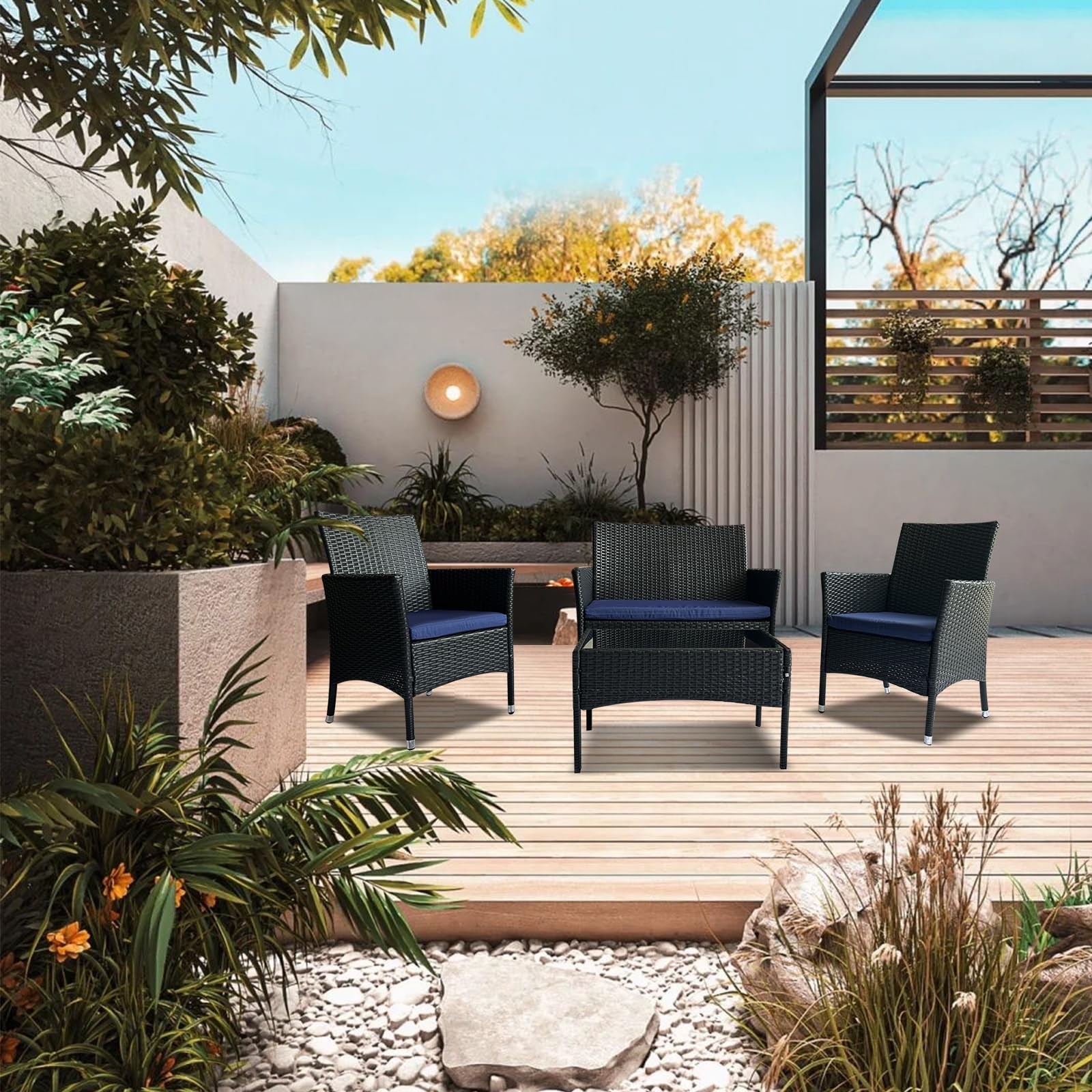 4-Piece Outdoor Sectional Patio Furniture Set with Rattan Wicker Chairs & Comfortable Cushions - Coffee/Blue - Perfect for Backyard, Garden, Poolside & Outdoor Entertaining