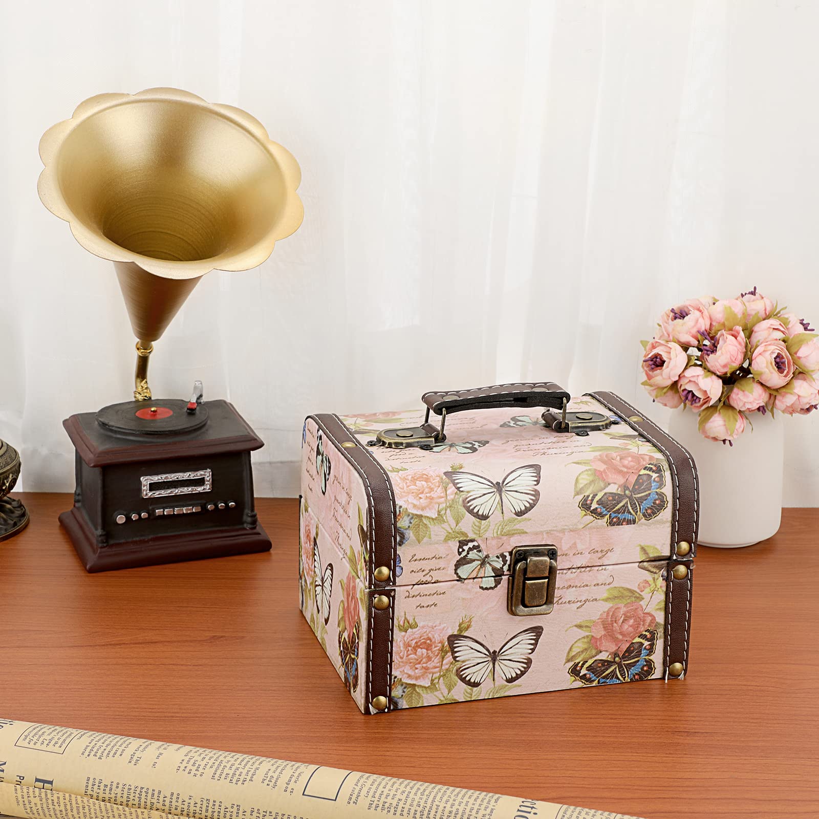 SUMNACON Wooden & PU Leather Jewelry Storage Box - Decorative Keepsake Chest with Handle, Organizer for Rings, Necklaces & Accessories - Perfect Gift for Women (Butterfly Pattern) - Home Decor & Travel Jewelry Case