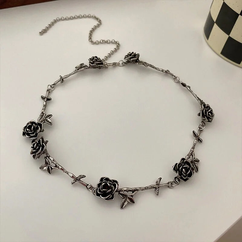 Gothic Rose Choker Necklace in Bronze & Silver | Vintage Inspired Jewelry for Women | Perfect for Halloween, Cosplay, and Dark Fashion Outfits