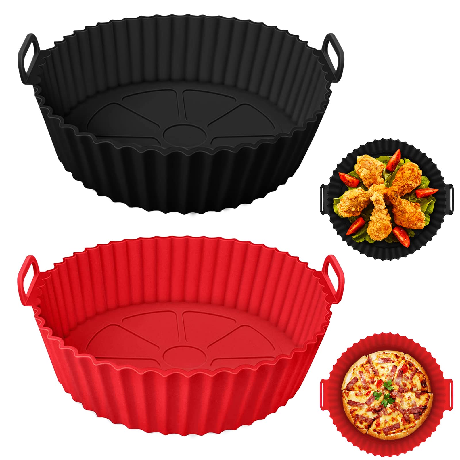 2 Pack 8 Inch Reusable Silicone Air Fryer Liners - Non-Stick Round Basket for 3.5-7 QT Air Fryers, Ovens & Microwaves (Black+Red) - Perfect for Baking, Roasting & Reheating Food Without Mess