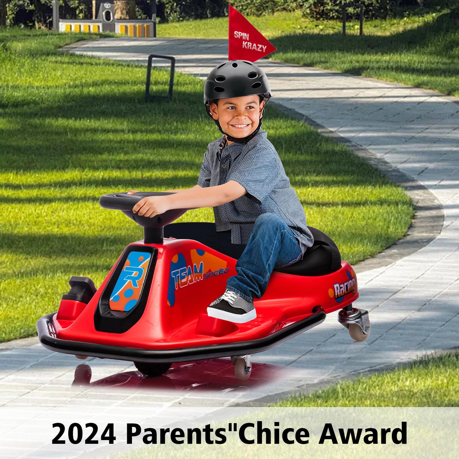 GARVEE 360° Rotating Electric Drift Go Kart for Kids - 24V Ride On Race Car with Adjustable Speed, LED Flashing Lights, Music & Flag - Perfect for Indoor/Outdoor Play, Birthday Gifts & Backyard Racing