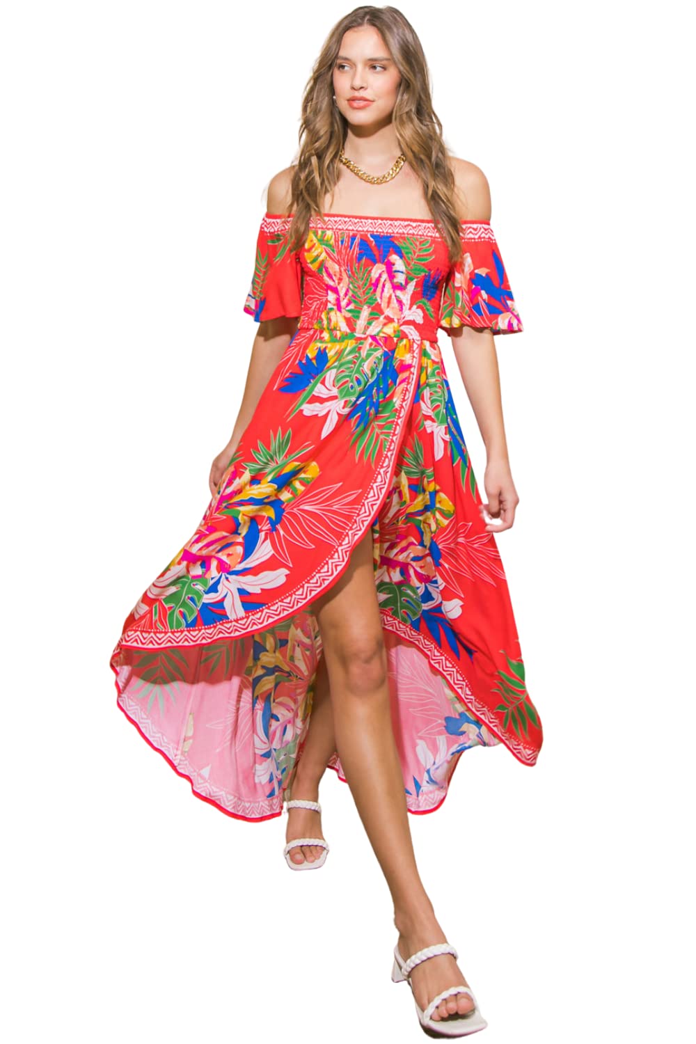 Bohemian Off Shoulder Maxi Dress - Tropical Floral Smocked Summer Dress with Hi-Low Hem | Perfect for Beach Vacations, Music Festivals & Boho Chic Outfits