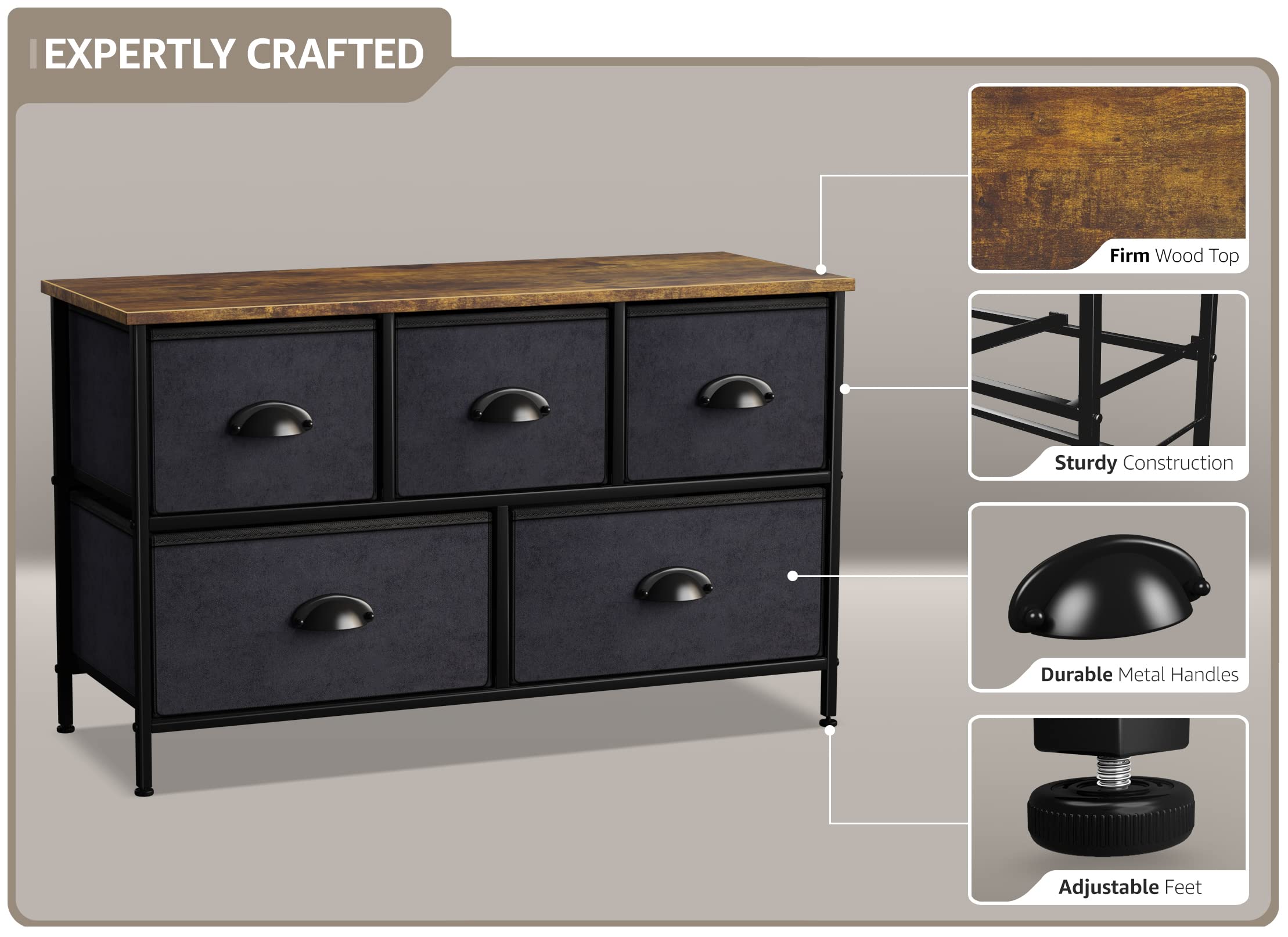 Sorbus 5-Drawer Dresser Organizer - Sturdy Steel Frame & Wood Top Storage Chest with Easy-Pull Fabric Bins - Wide TV Stand for Bedroom, Hallway, Closet & Office Organization | Perfect for Small Space Storage & Home Decor