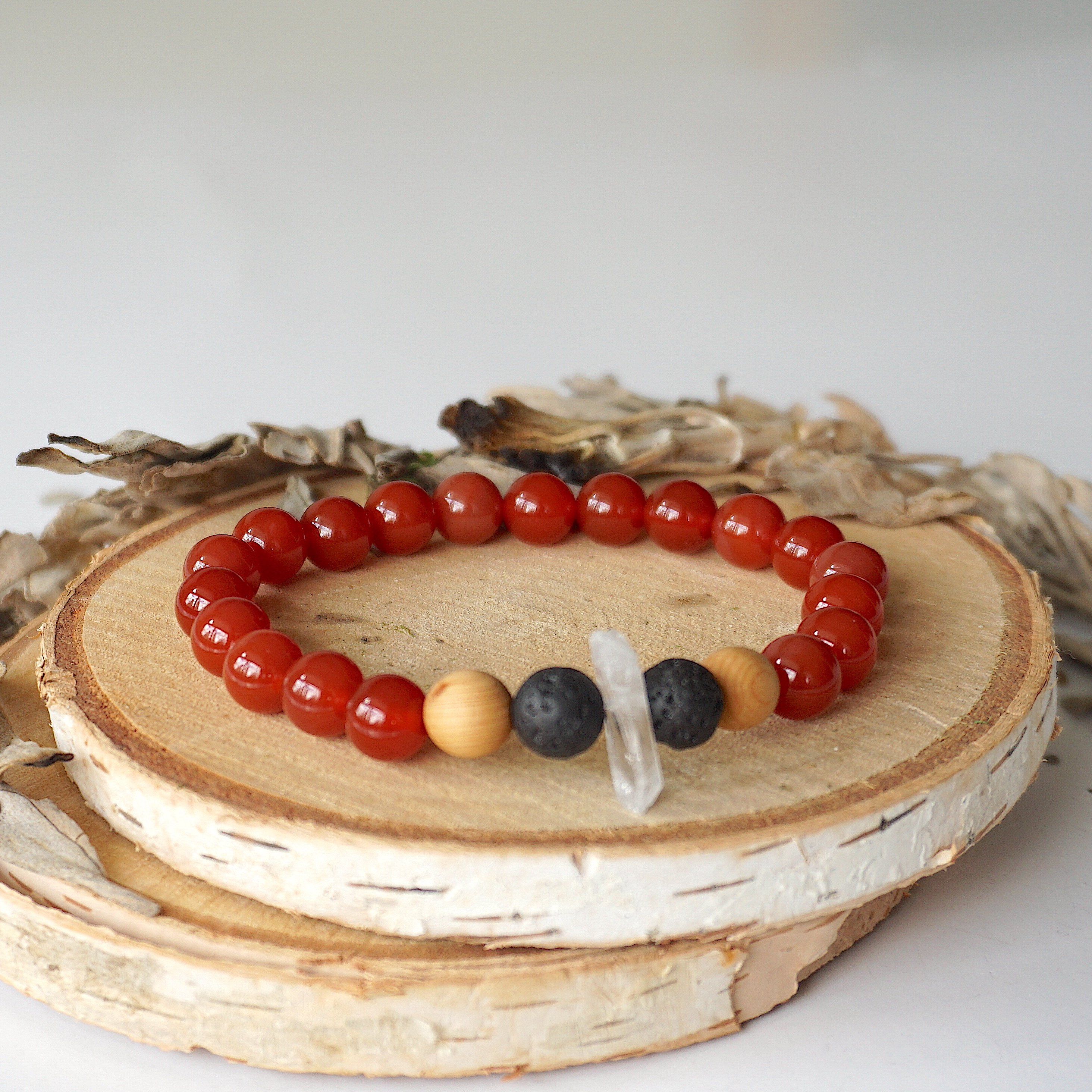 Natural Carnelian Healing Crystal Mala Bracelet with Quartz, Lava Beads & Olivewood - Meditation, Yoga, Chakra Balancing & Spiritual Healing Jewelry