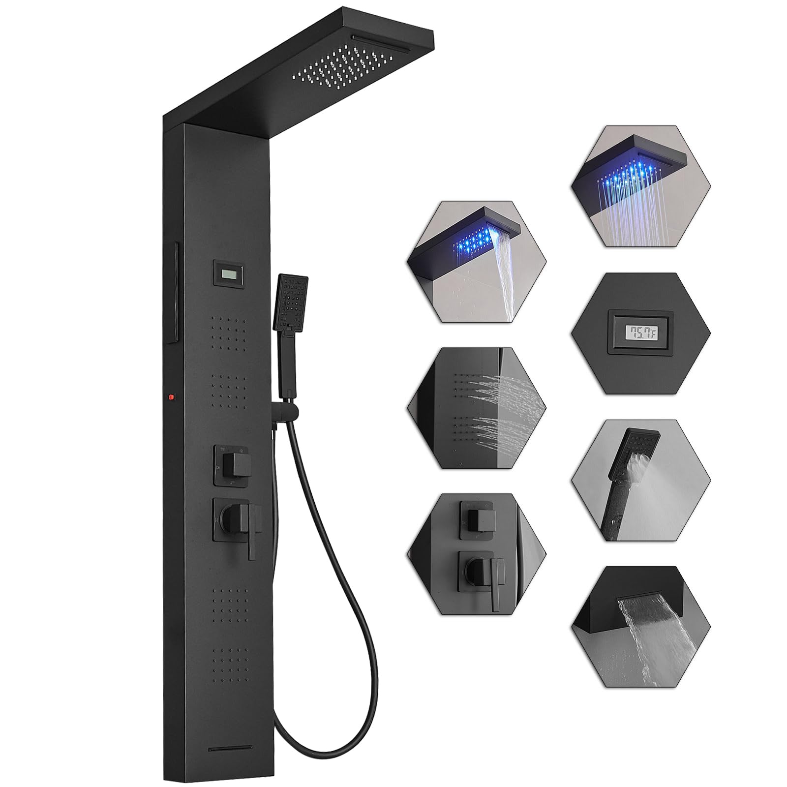 Black Shower Panel Tower System with Temperature Display - Wall Mounted Bathroom Shower Panel for Spa-Like Experience - Perfect for Modern Homes, Hotels, and Luxury Bathrooms