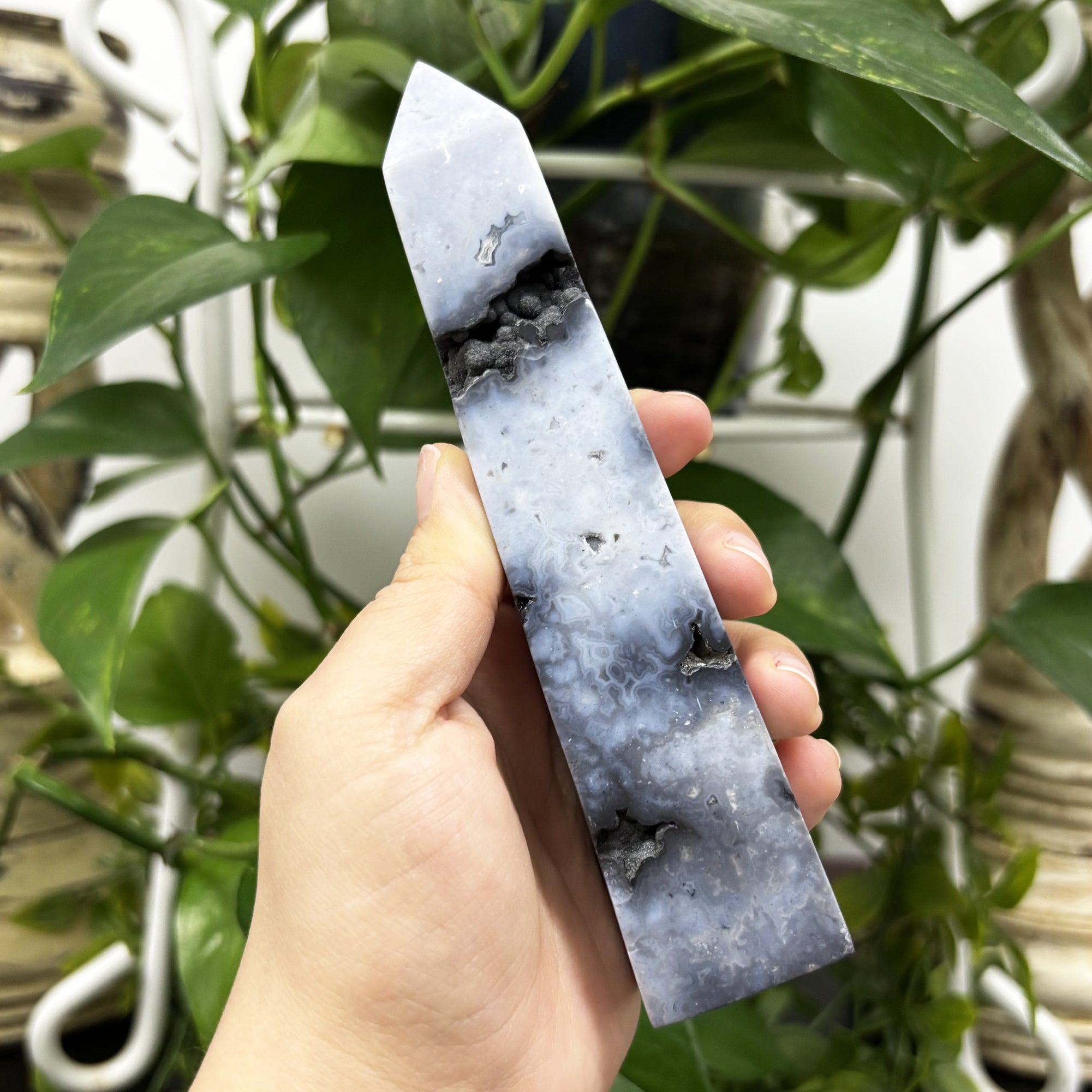 Natural Gray Plume Agate Crystal Obelisk Tower Point - Polished Healing Stone for Energy & Balance - Home Decor, Meditation & Spiritual Healing (RPO476)