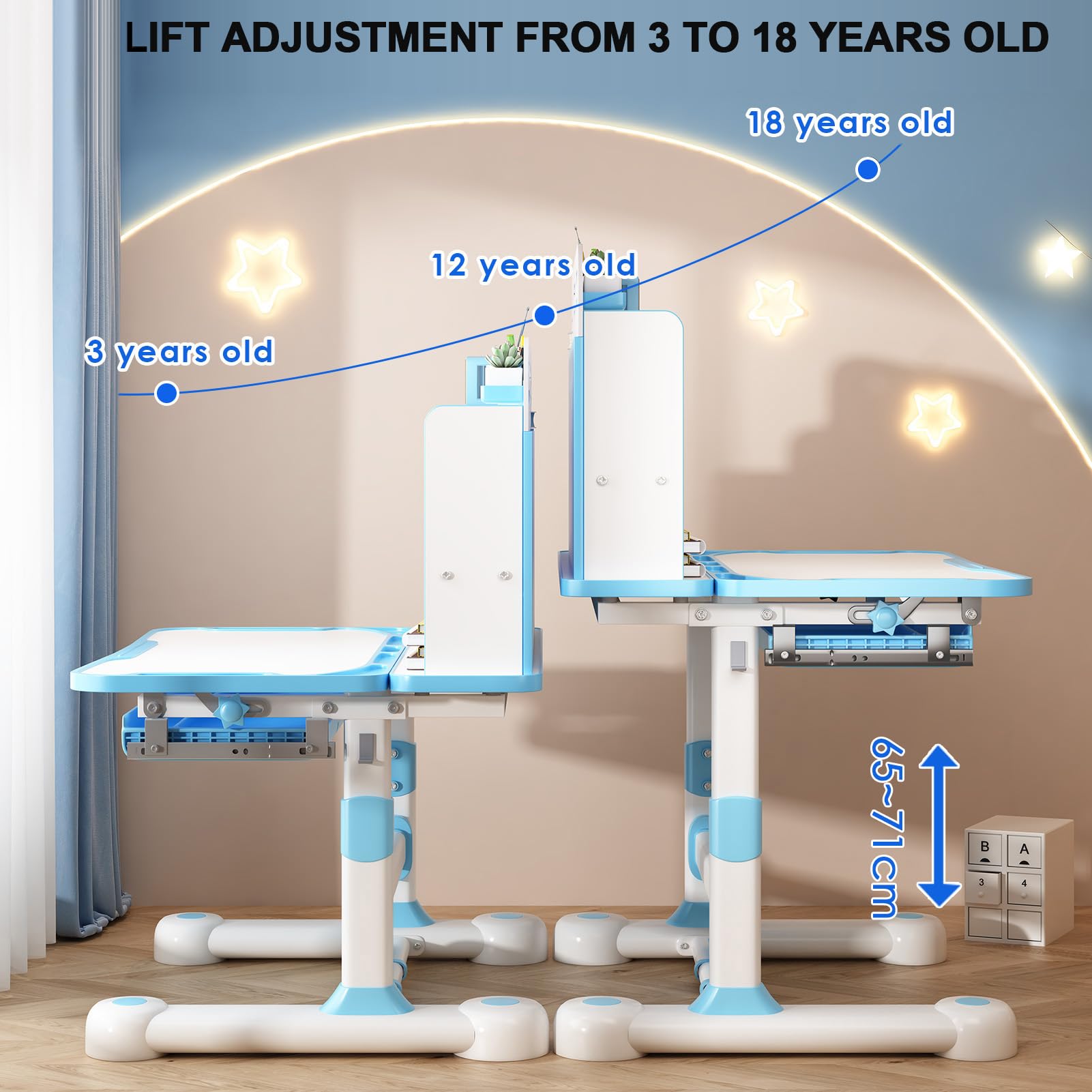 2024 Upgraded Kids Desk and Chair Set - Adjustable Children's Study Table with Flip Drawer, Tiltable Desktop, Schoolbag Hooks & Book Stand - Perfect for Homework, Drawing & Learning (Blue)