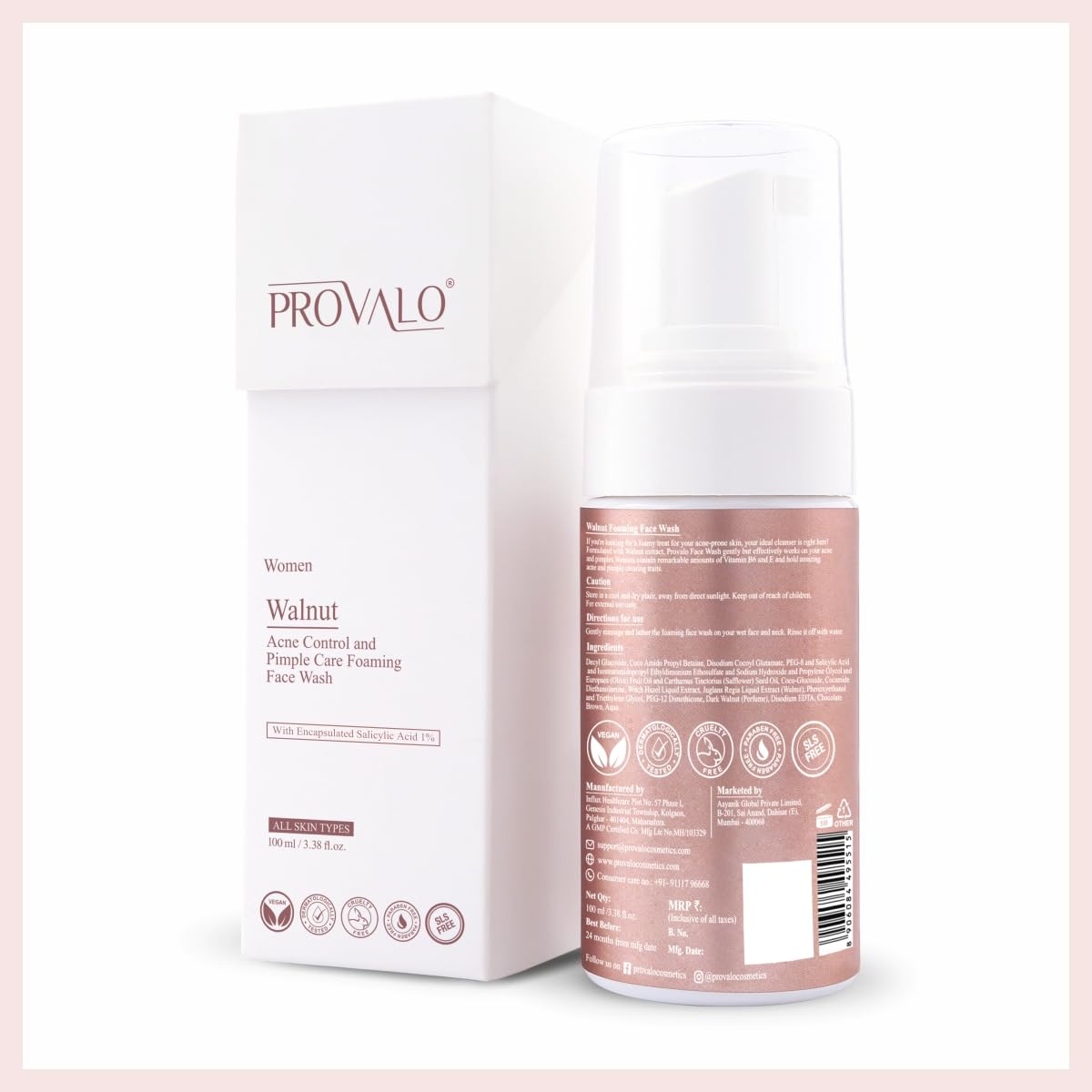 Provalo Women's Foaming Face Wash for Acne & Pimples - 1% Salicylic Acid & Walnut Extract for Skin Brightening & Glowing Complexion | Oily, Acne-Prone & Dry Skin Care | 100ml | Perfect for Daily Cleansing & Acne Treatment Routine