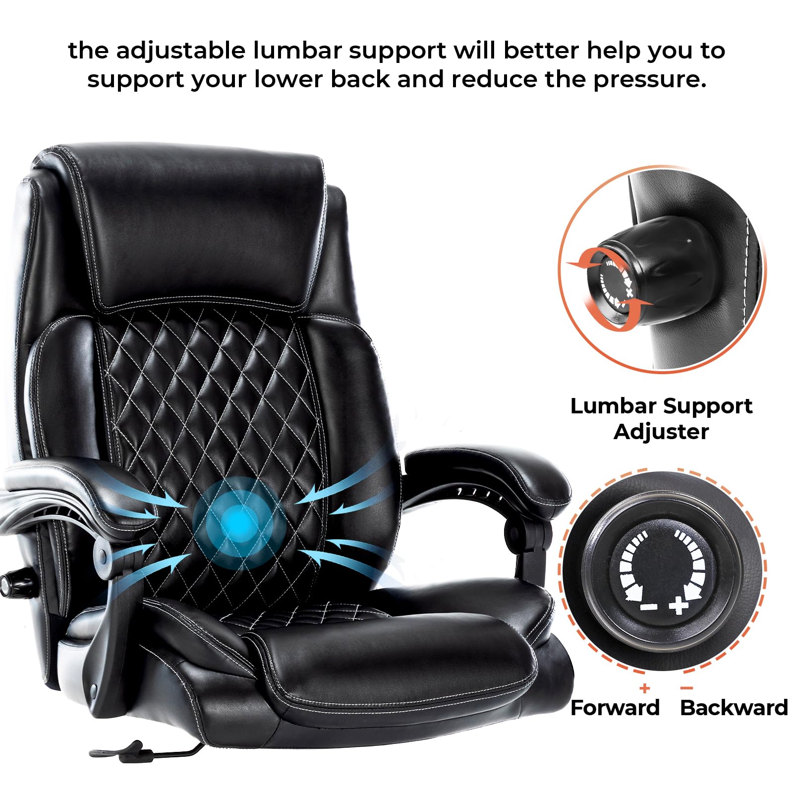 Premium Big and Tall Office Chair 500LBS Capacity - Heavy Duty Executive Leather Chair with Wide Seat & Lumbar Support - Ergonomic Computer Desk Chair for Home Office (Black) - Perfect for Large Professionals, Gamers & Long Work Sessions