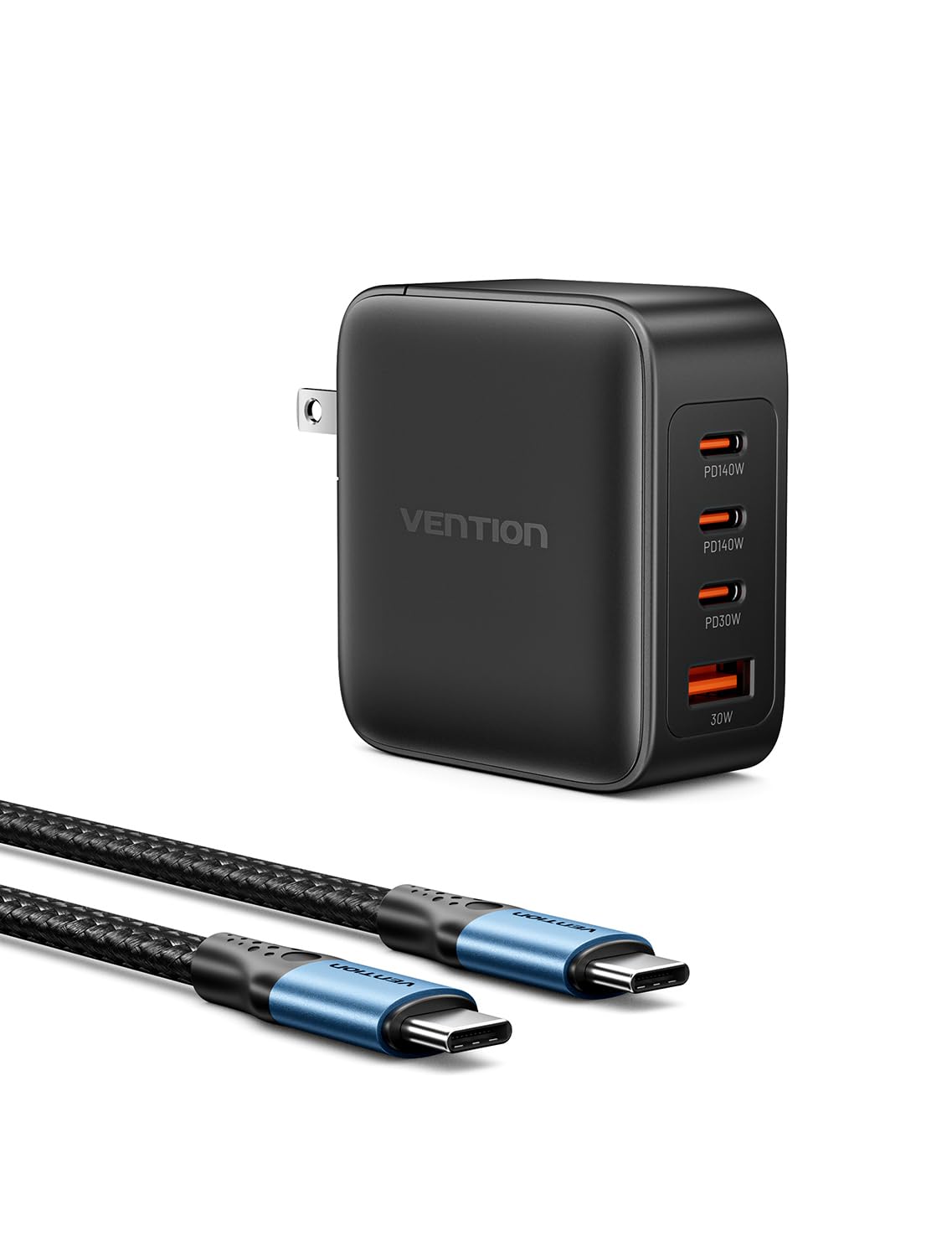 140W VENTION 4-Port GaN+ USB-C Fast Charger for MacBook Pro 16''/14''/13'' & MacBook Air 15'' - Foldable Design with 240W Cable - Also Compatible with iPhone 15/14/Pro Max & Chromebook | Perfect for Travel, Office & Home Charging Needs