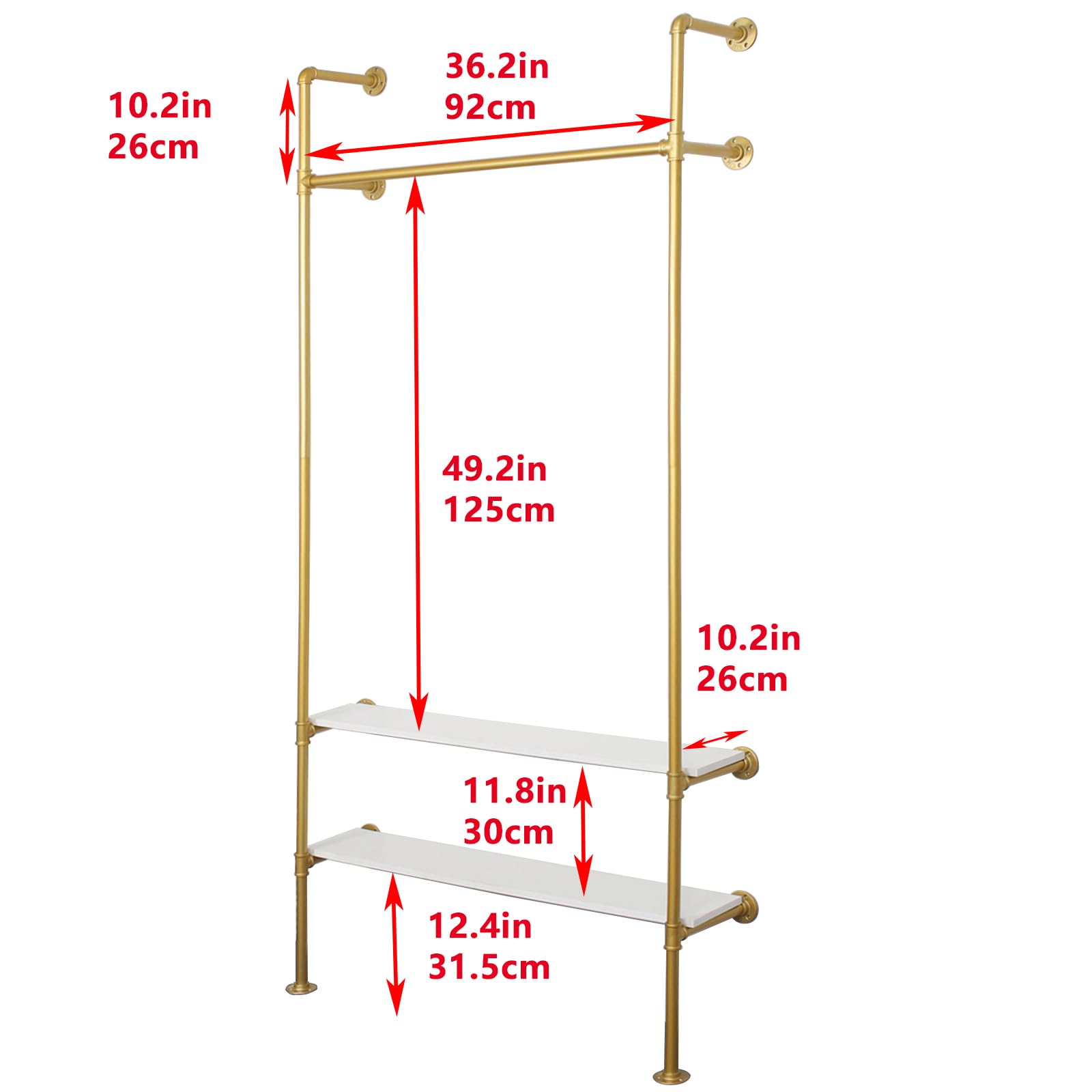 Industrial Pipe Clothing Rack - Heavy Duty Wall Mounted Garment Hanger for Wardrobe, Bedroom & Walk-in Closet - Gold Finish Steel Pipe Clothes Organizer - Perfect for Hanging Coats, Dresses & Seasonal Storage