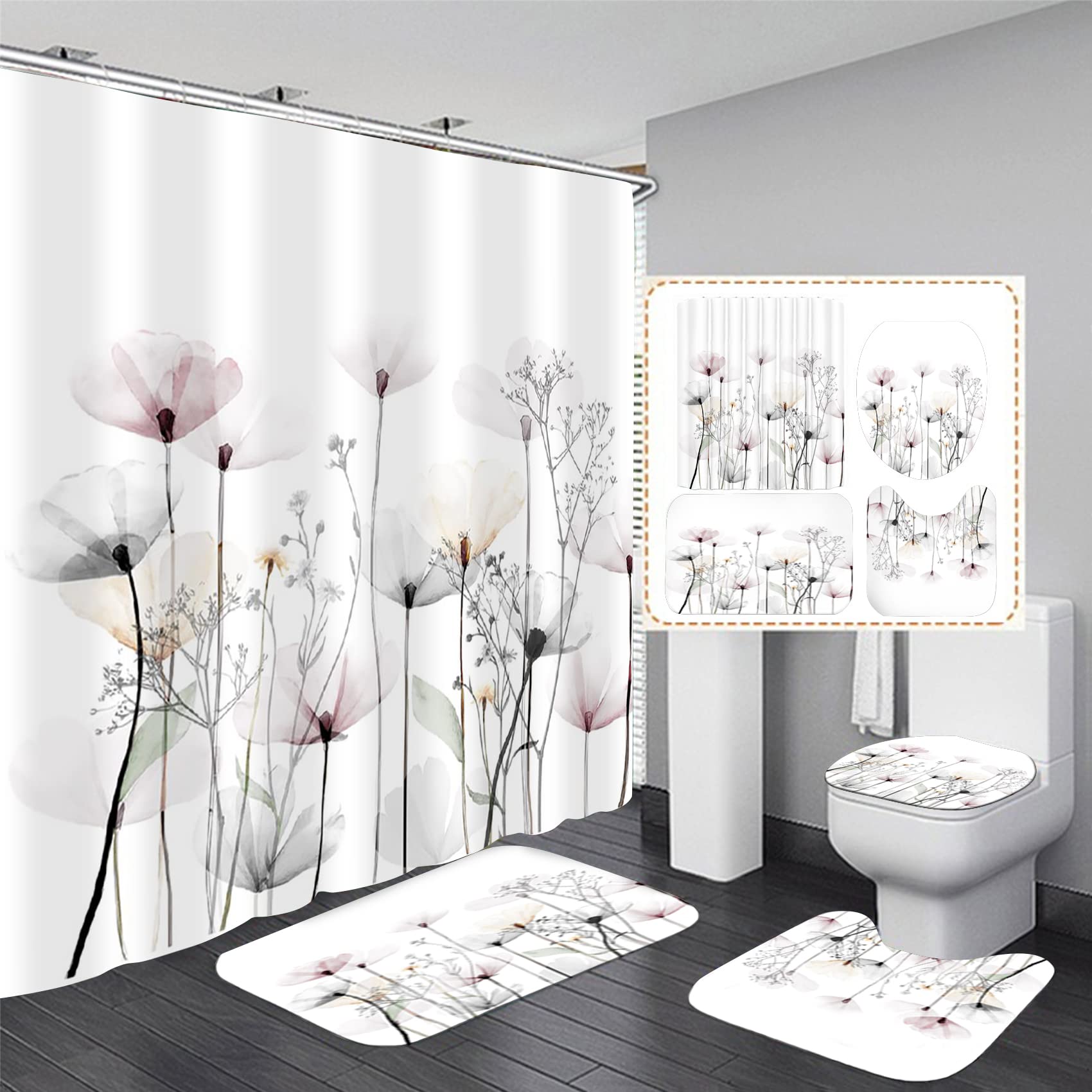 Farmhouse Floral Shower Curtain Set - Waterproof Bathroom Decor with Non-Slip Rug, Toilet Cover & 12 Hooks (70.8
