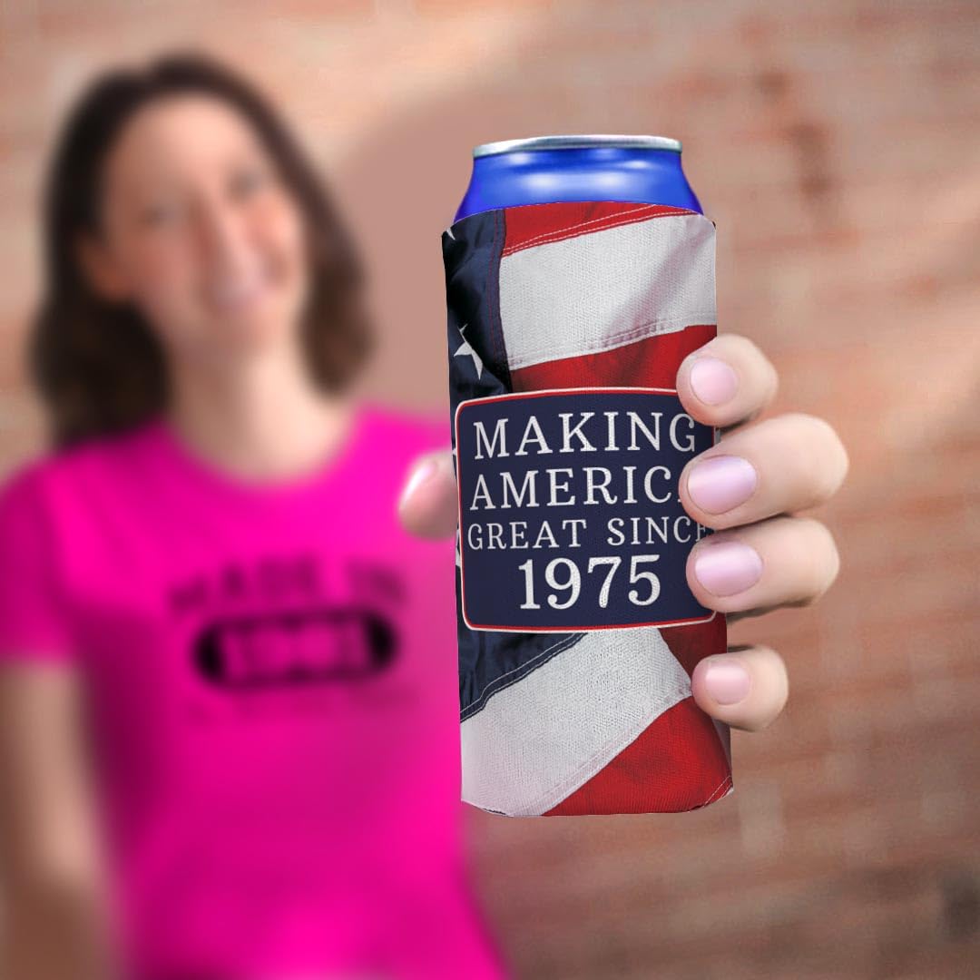 48-Pack Ultra Slim Seltzer Can Coolers with US Flag Design - Perfect for 50th Birthday Party Favors & Patriotic Celebrations (Born in 1975 Theme) - Keep Drinks Cold at BBQs, Pool Parties & 4th of July Events