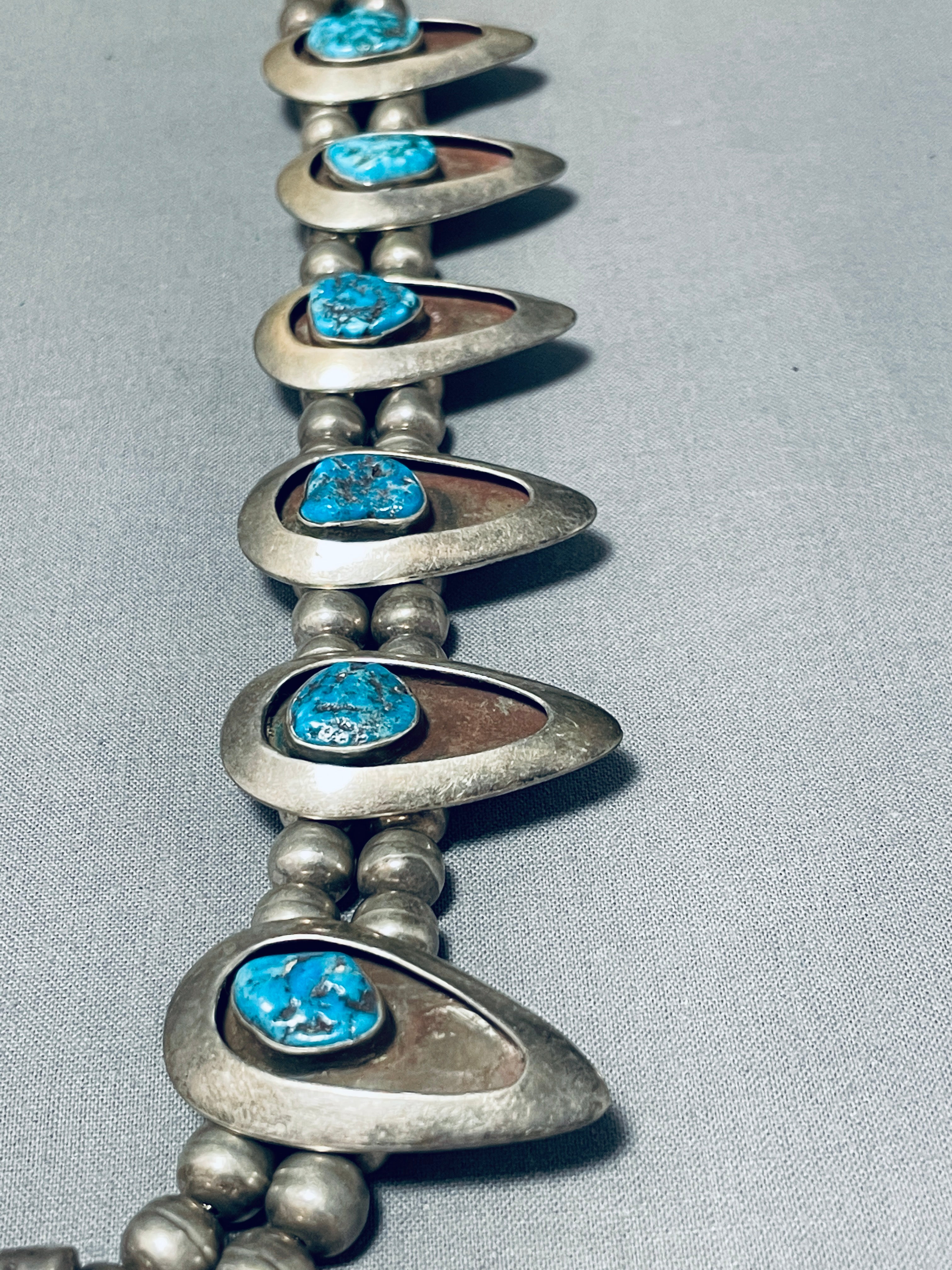 200 Gram Vintage Native American Navajo Turquoise Sterling Silver Squash Blossom Necklace - Handmade Jewelry for Women, Perfect for Boho Fashion, Weddings & Special Occasions