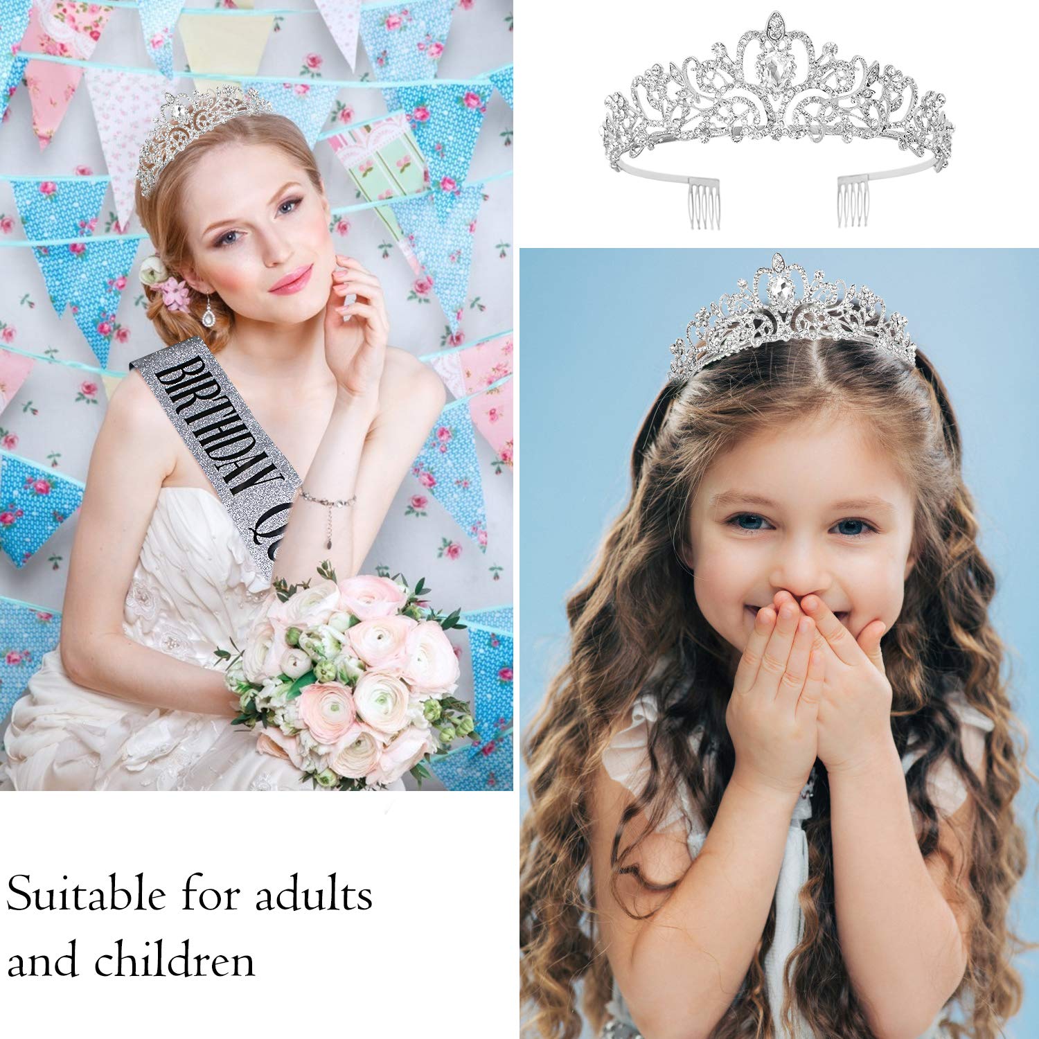 VELSCRUN Birthday Crown & Sash Set - Glitter Party Tiara & Satin Ribbon for Women's Birthday Decorations - Perfect for Birthday Parties, Bachelorette, Bridal Showers & Special Celebrations