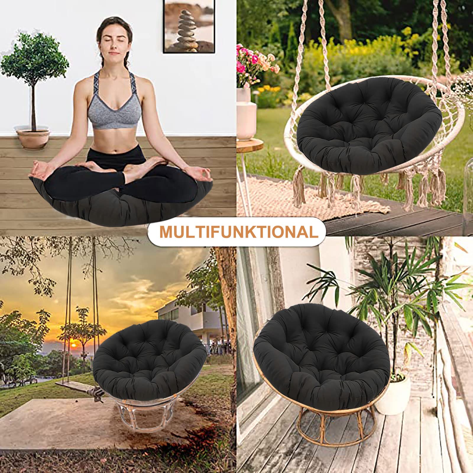 Premium Papasan Chair Cushion - Extra Thick 3XL Black Replacement Pad for Egg, Saucer, Rattan & Swivel Chairs - Indoor/Outdoor Use for Patio, Garden, Porch & Living Room