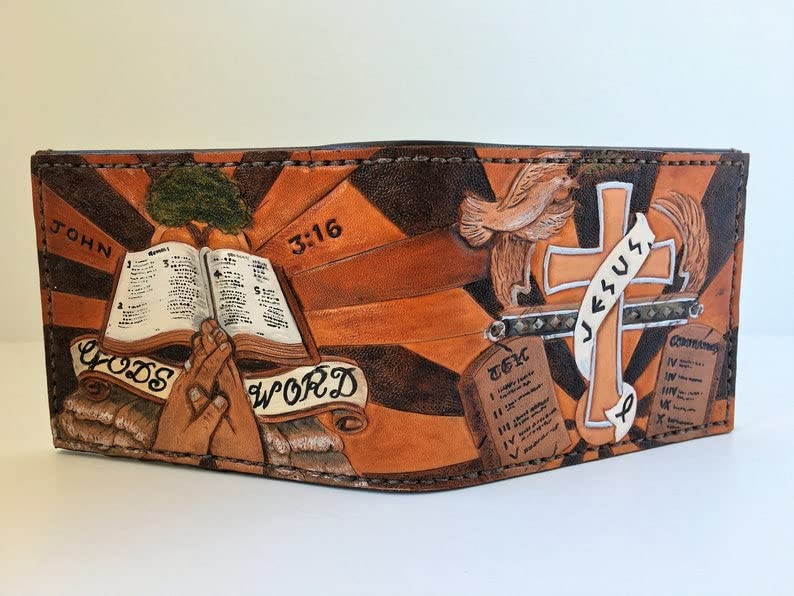 Handmade Christian Themed 3D Genuine Leather Bifold Wallet for Men - Custom Personalized Carved & Tooled Airbrush Art - Perfect Gift for Baptism, Weddings & Religious Occasions