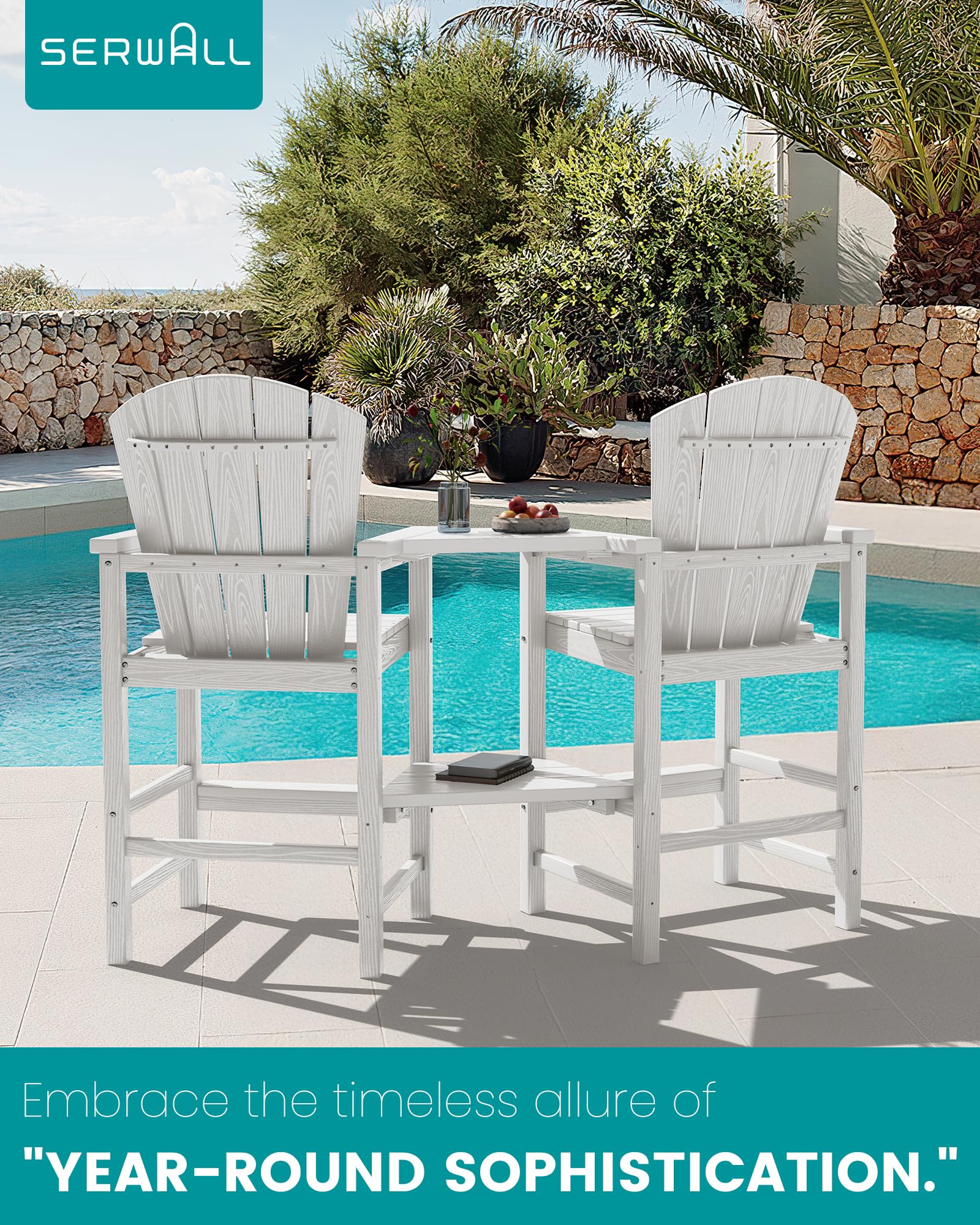 Premium HDPE Tall Adirondack Chairs Set of 2 with Connecting Tray - Wood-Like Bar Height Outdoor Patio Chairs for Backyard, Deck, Garden & Poolside - Weather-Resistant White Adirondack Bar Stools for Relaxing & Entertaining