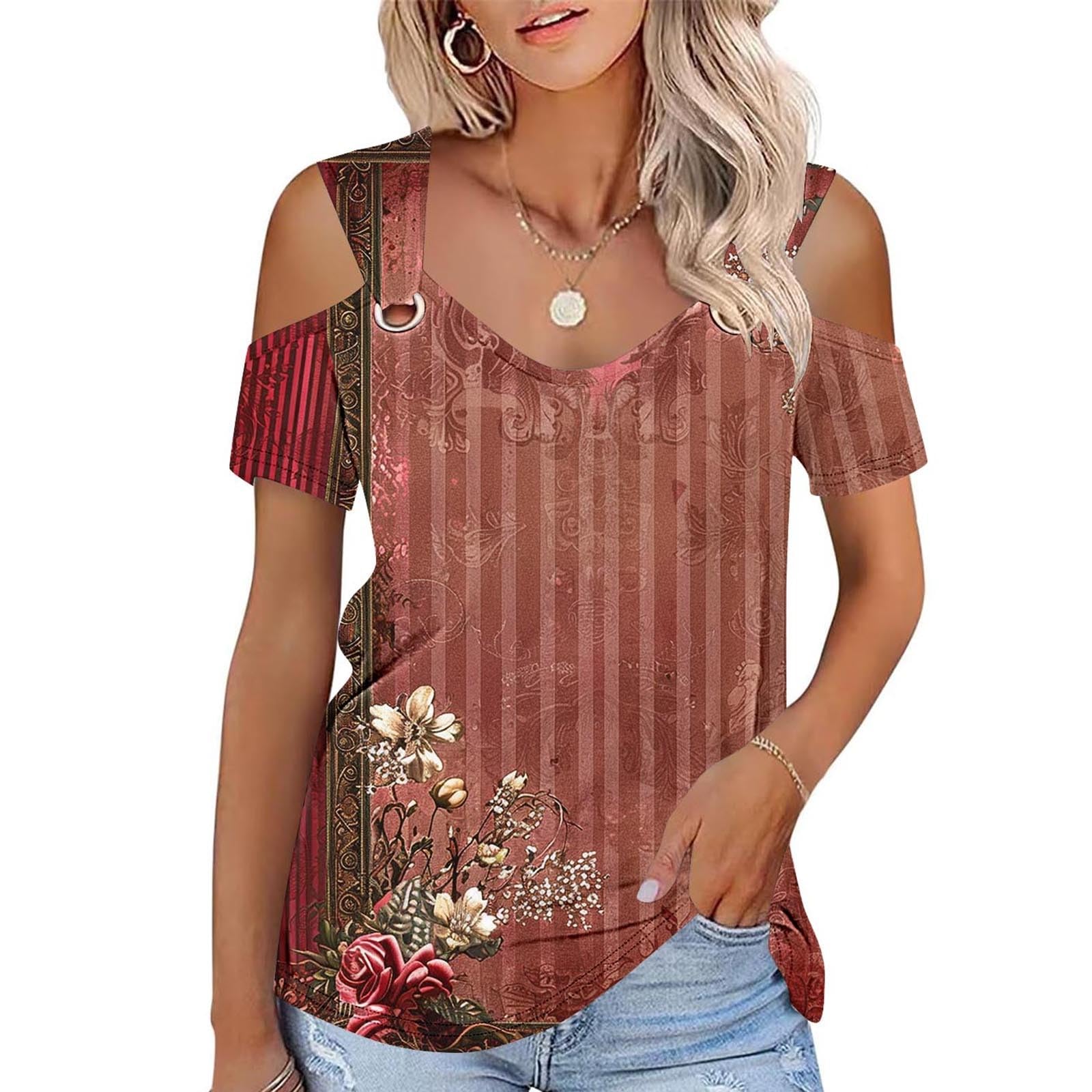 Plus Size Women's Floral Cold Shoulder Blouse - Casual Short Sleeve Tunic Top for Summer | Trendy Sexy Flowy Shirt for Beach, Vacation & Date Nights