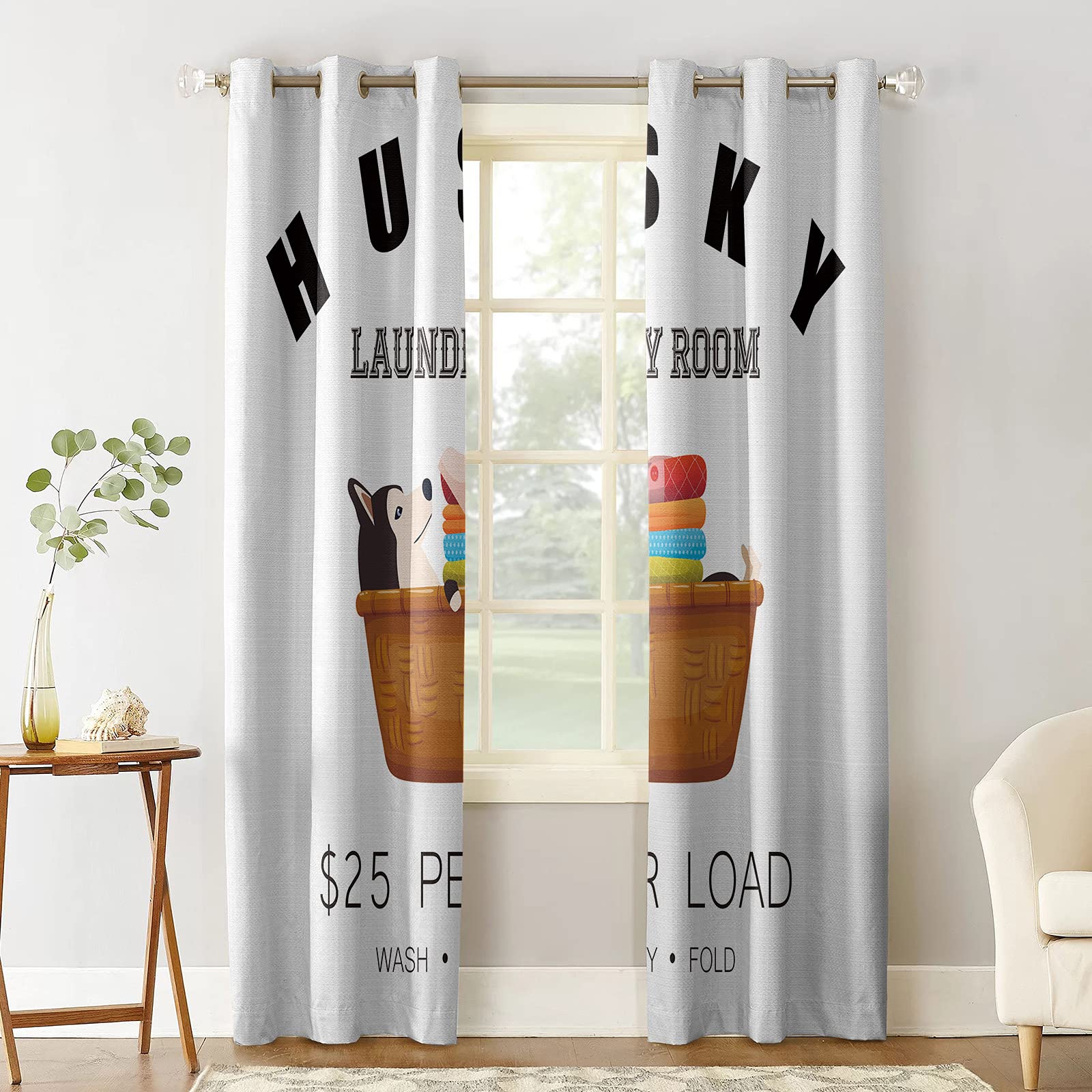 Z&L Home Blackout Curtains with Funny Husky Dog in Basket Design - Thermal Insulated Grommet Top Drapes for Bedroom, Living Room & Kitchen (Set of 2) - Perfect for Room Darkening, Energy Saving & Home Decor