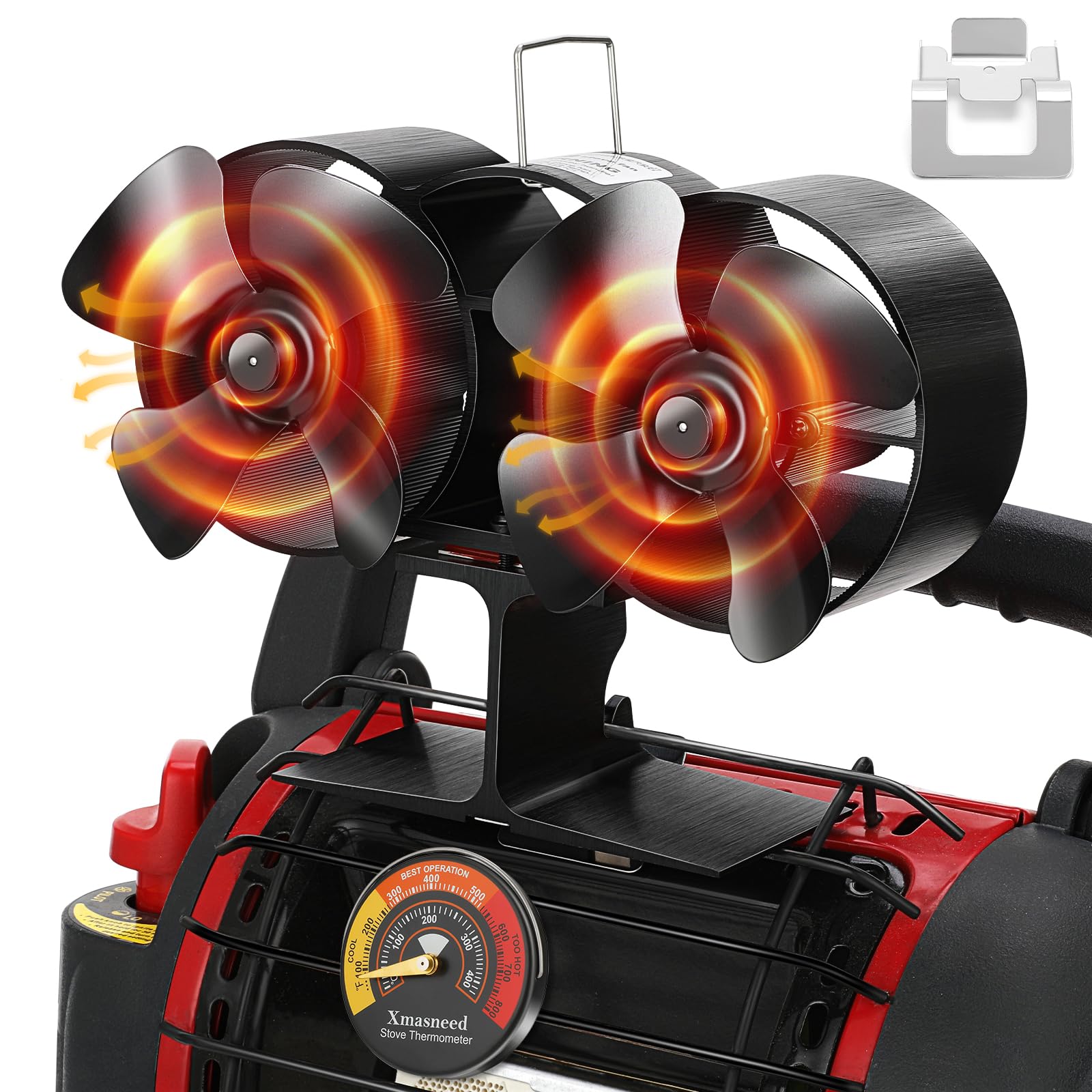Heat Powered Wood Stove Fan - 8 Blade Non-Electric Fireplace Fan for Wood/Pellet Burners & Buddy Heaters - Dual Motor Stove Fan with Magnetic Thermometer - Perfect for Home Heating, Cabin Warmth & Energy Efficiency