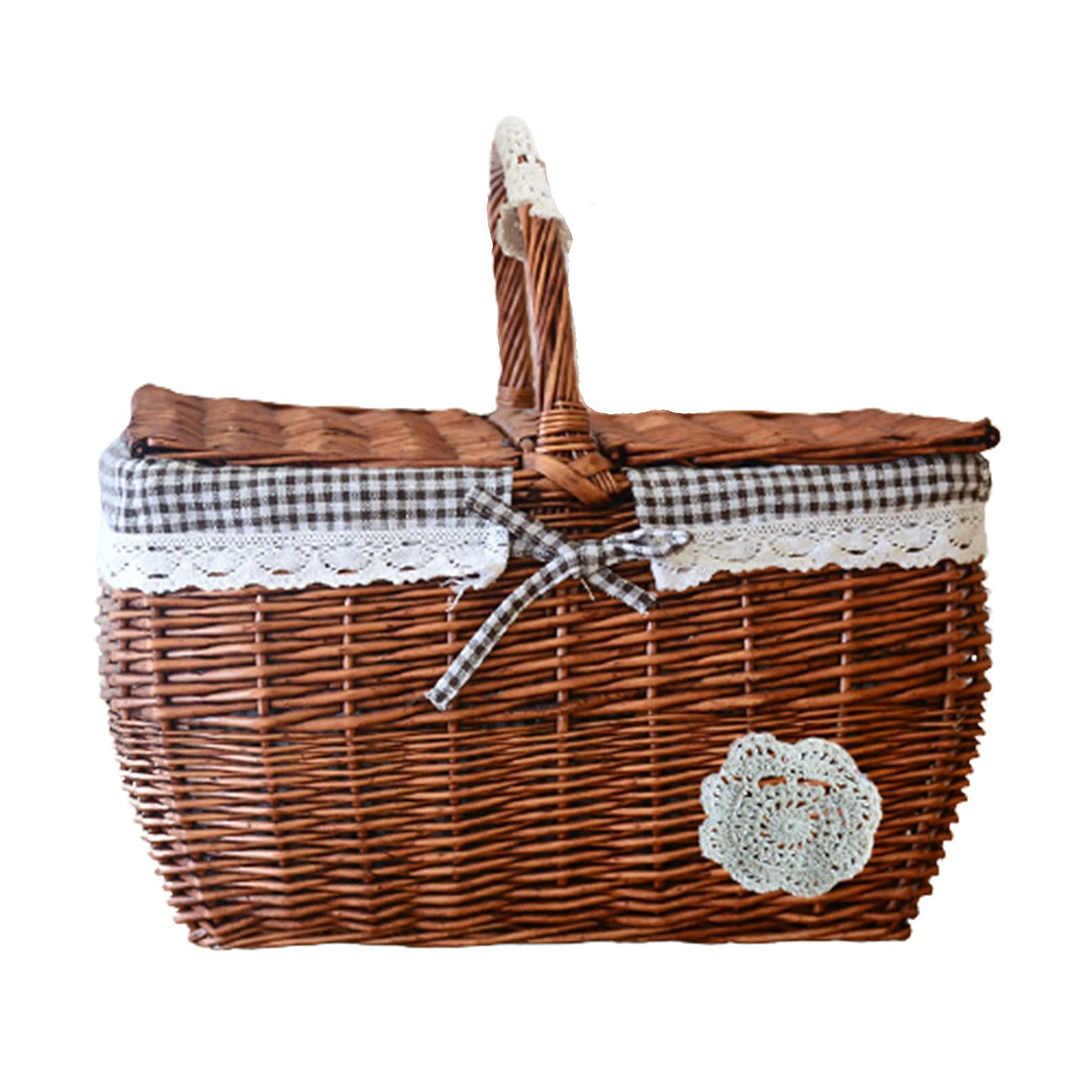 Handmade Willow Wicker Basket with Double Lids - Camping Picnic Storage Basket with Fabric Lining & Sturdy Outdoor Handle (Brown) - Perfect for Outdoor Adventures, Picnics, and Home Organization