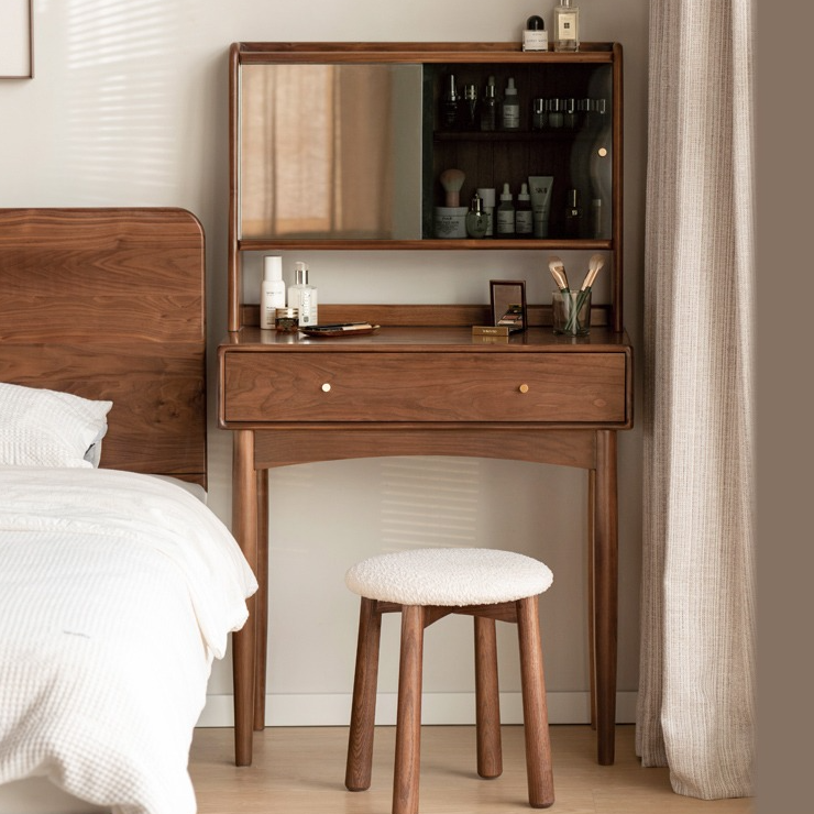 Solid Black Walnut Wood Mirror Dressing Table with Storage | Makeup Vanity Desk for Bedroom | Elegant Bedroom Furniture & Cosmetics Organizer