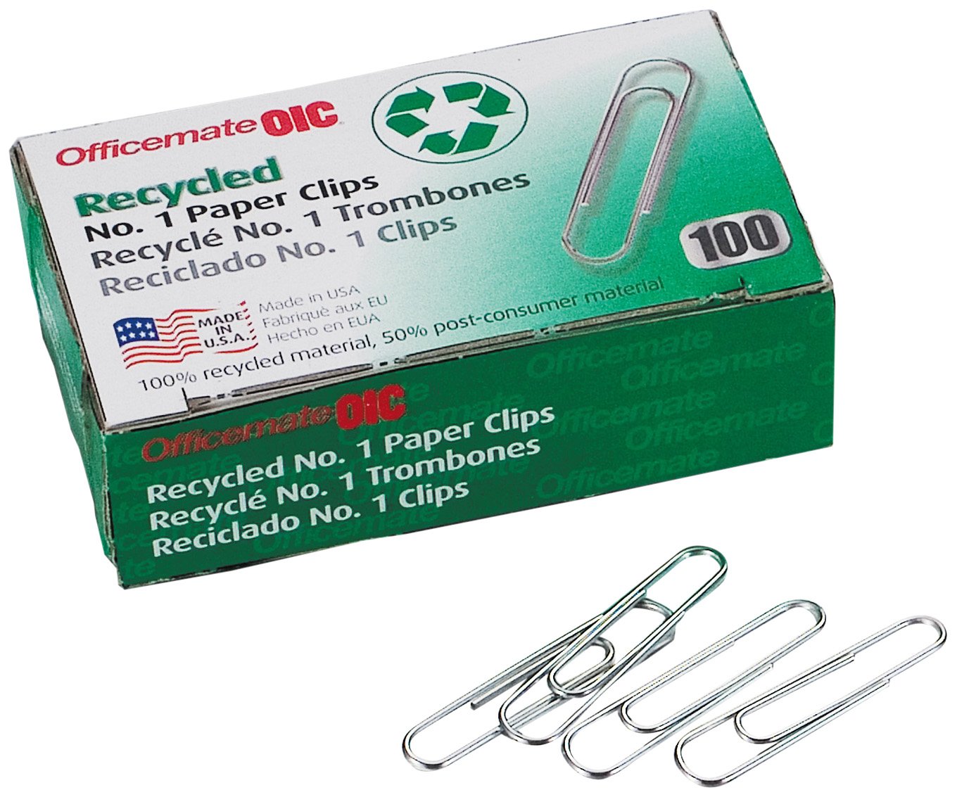 Officemate Recycled No. 1 Paper Clips - 1000 Clips (10 Boxes of 100) - 99961 - Eco-Friendly Office & School Supplies for Organizing Documents, Notes & Files