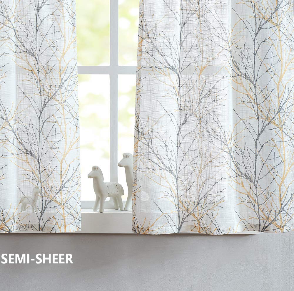 FMFUNCTEX White & Grey/Yellow Farmhouse Kitchen Curtains Set - 36 Inch Tree Branch Print Café Curtains with Rod Pocket (2 Panels) for Windows, Bathroom & Rustic Home Decor | Perfect for Coffee Shops, Country Kitchens and Cozy Living Spaces