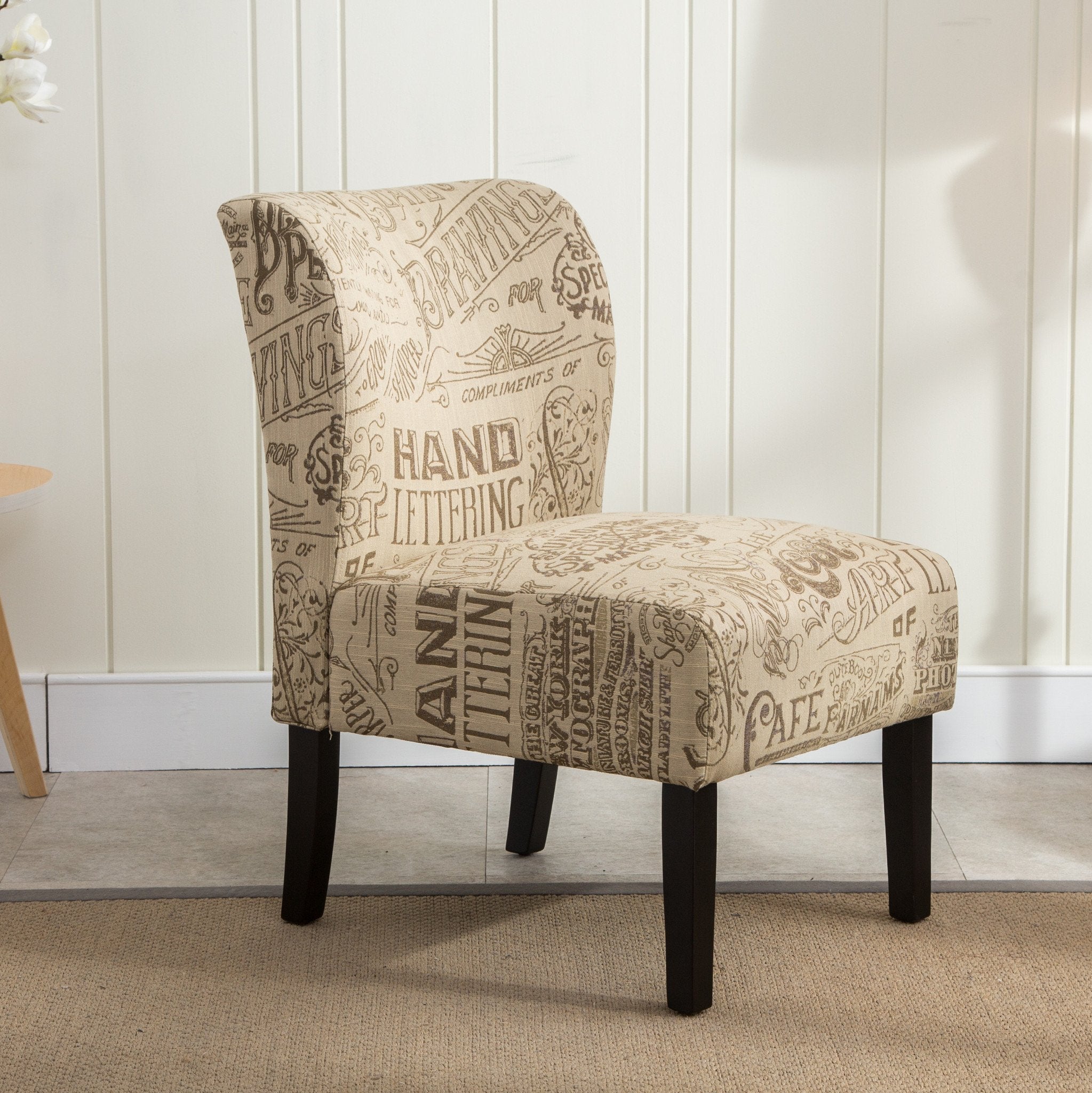 Roundhill Furniture Capa Fabric Armless Modern Accent Chair - Lightweight Contemporary Living Room Seating for Small Spaces, Home Office & Reading Nook - Chalkboard Light Print Design