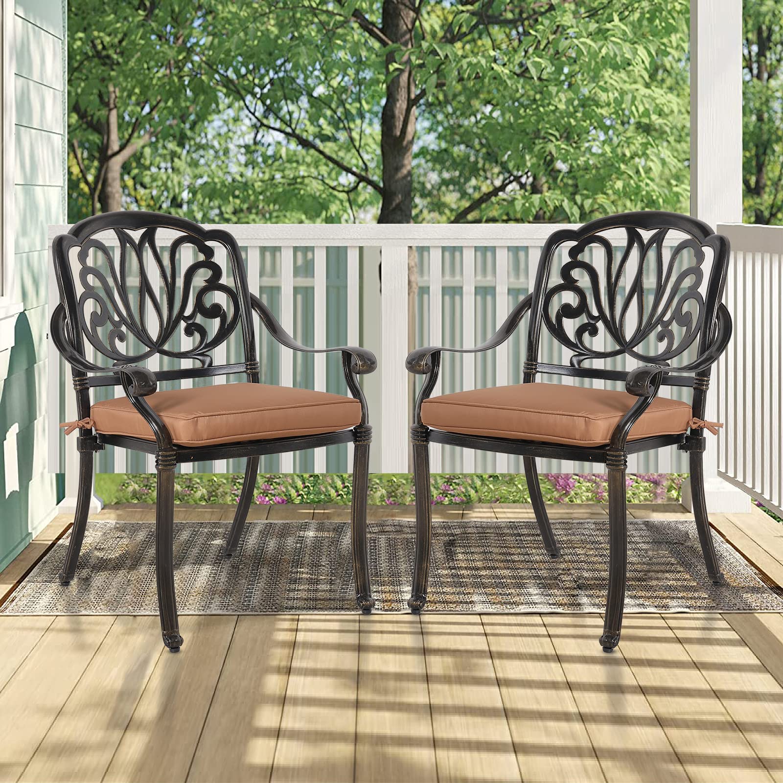 MEETWARM 2-Piece Outdoor Dining Chairs Set with Cushions - All-Weather Cast Aluminum Patio Chairs for Garden, Deck, Backyard - Dark Bronze - Perfect for Outdoor Entertaining and Relaxation
