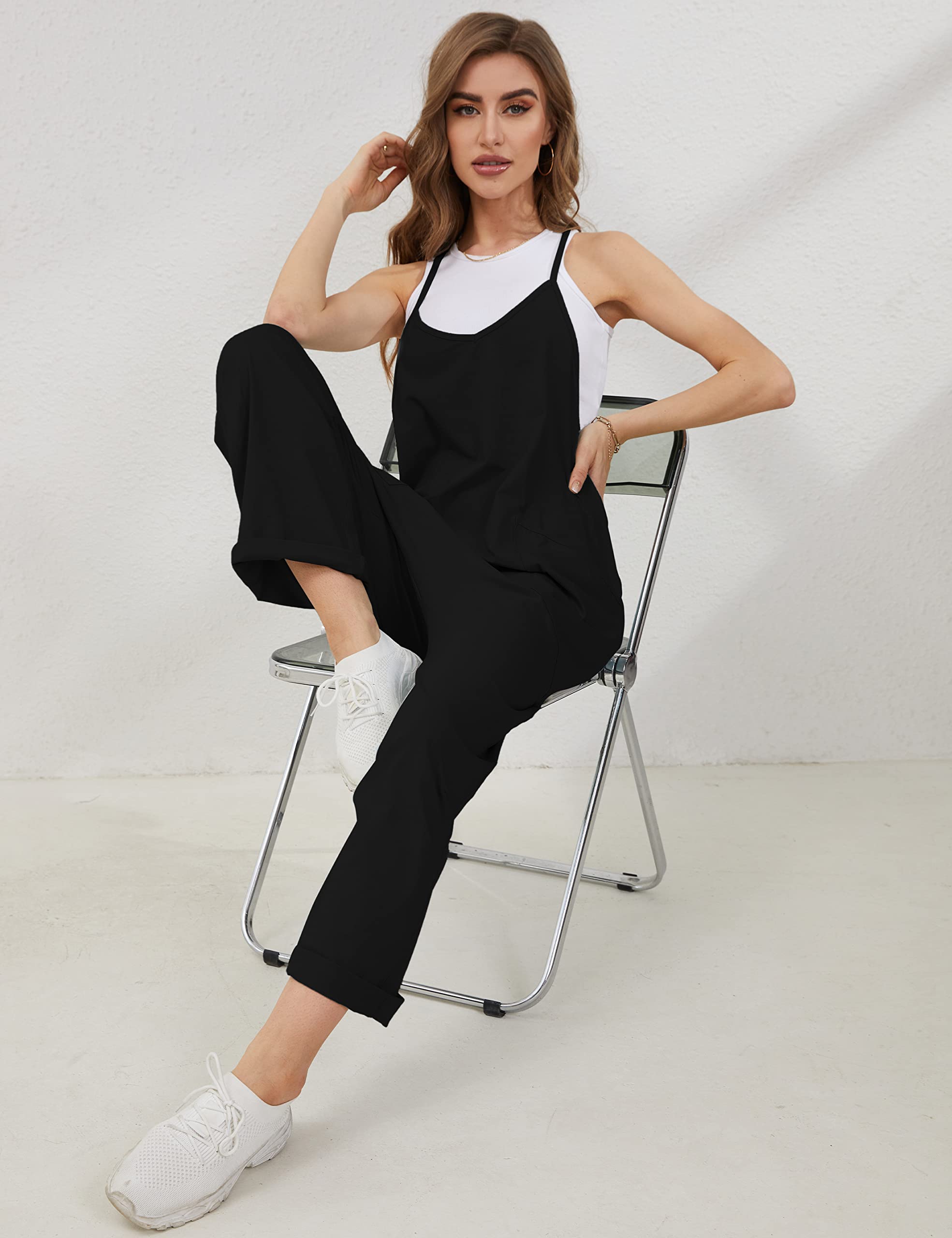 Lentta Women's Casual Jumpsuit - V Neck Sleeveless Romper with Adjustable Straps & Pockets | Stretchy Harem Overalls for Summer Outfits, Beach Wear & Casual Daily Fashion