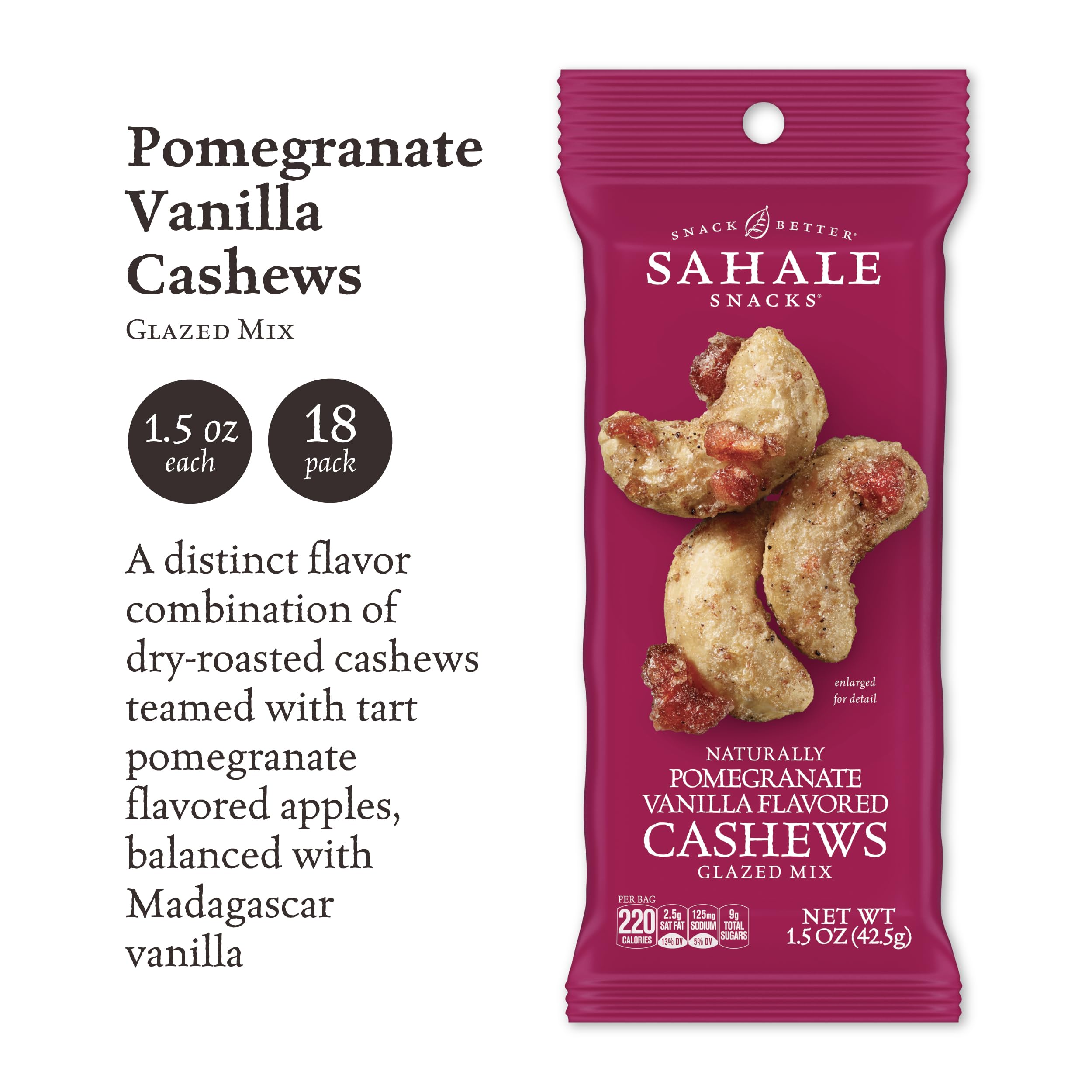 Sahale Snacks Pomegranate Vanilla Cashews, 1.5 oz Bags (18 Packs) - Premium Dry-Roasted Mixed Nuts with Pomegranate Infused Apples & Madagascar Vanilla - Non-GMO, Kosher, Gluten-Free Certified - Healthy Snacks for Office, Travel & Gifts