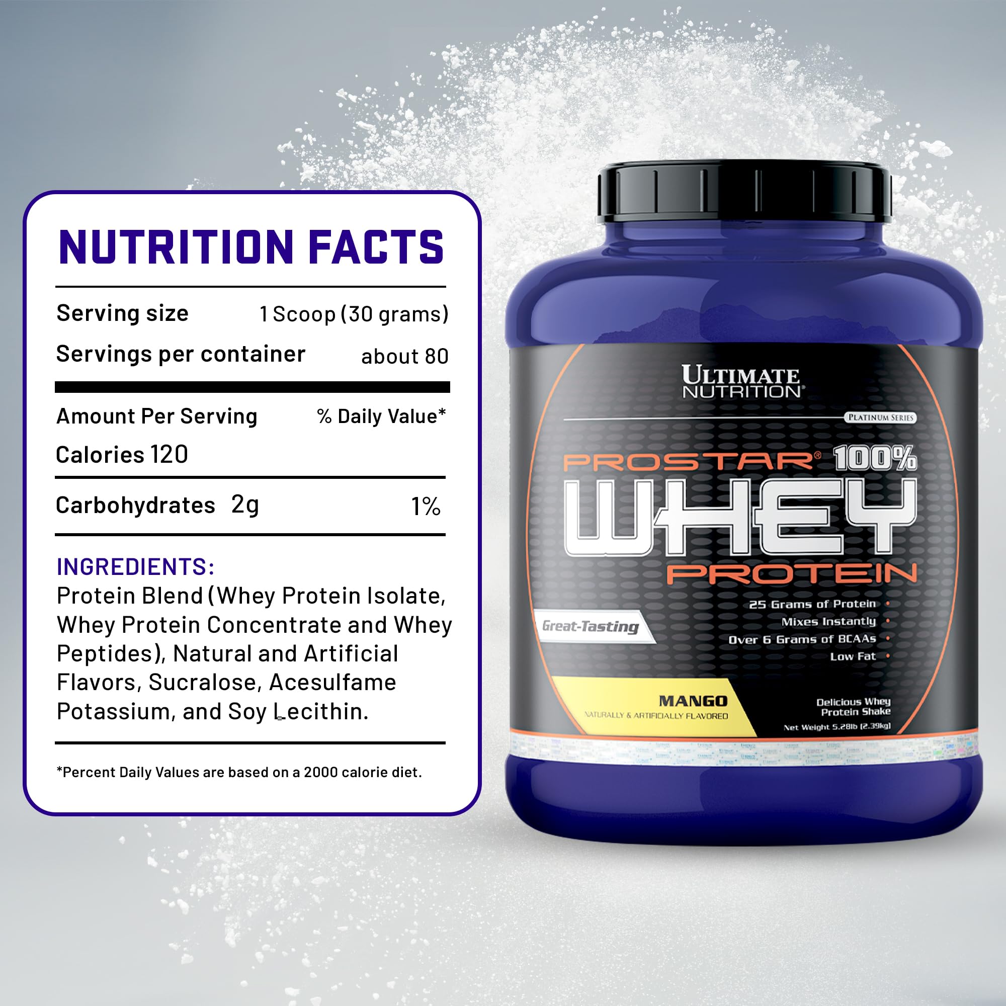 Ultimate Nutrition Prostar Whey Protein Powder Isolate - Mango Flavor | Low Carb, High Protein Shake for Muscle Gain & Recovery | Low Sodium, Low-Fat & Keto Friendly | 5.28 lbs Tub | Perfect for Post-Workout, Weight Loss & Healthy Lifestyle
