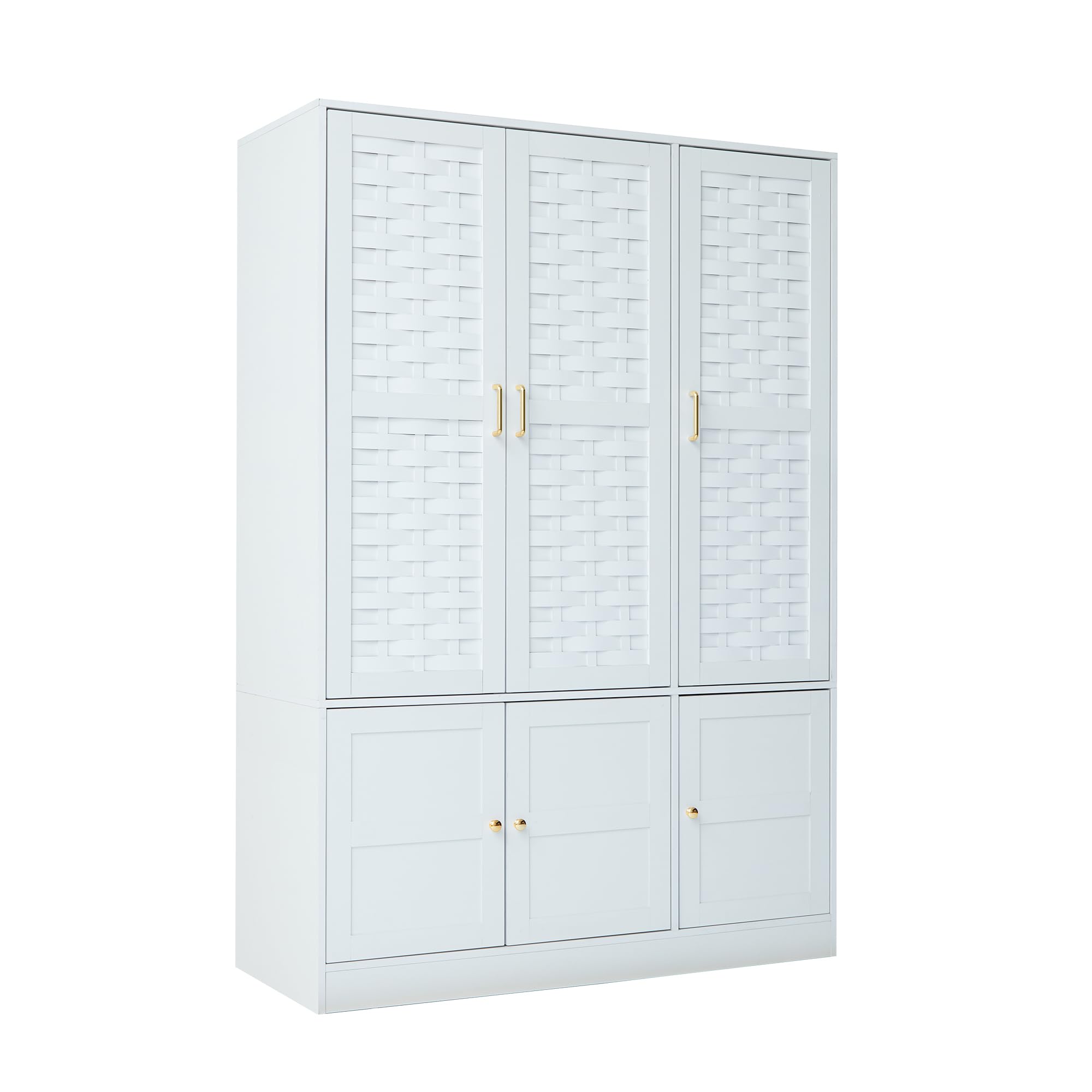 LEVNARY 6-Door Woven Wardrobe Closet - White Freestanding Armoire Cabinet with Adjustable Shelves & Hanging Rail | High Capacity Storage Organizer for Bedroom, Closet & Dorm Room Organization