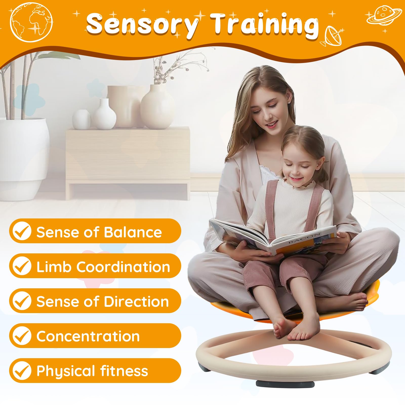360° Rotating Sensory Spinner Chair for Kids Ages 3-8 - Anti-Slip Swivel Seat Toy for Autistic Children, Indoor/Outdoor Balance Training & Calming Play (Orange) - Perfect for Sensory Rooms, Classrooms & Home Therapy