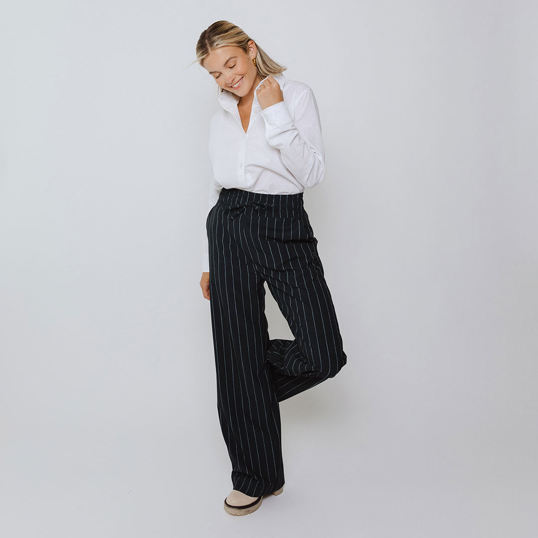 Audrey Women's Navy Pinstripe Dress Pants - Professional Office Work Trousers for Business Casual & Formal Occasions