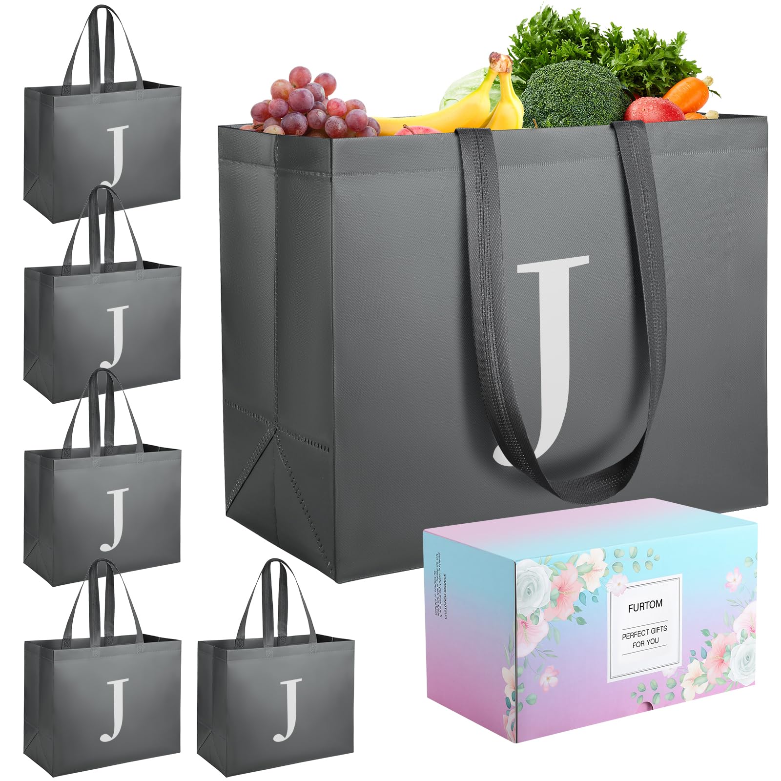 FURTOM 6 Pack Heavy Duty Reusable Shopping Bags - Foldable Large Grocery Bags with Long Handles for Groceries, Toys & Kitchen Storage | Eco-Friendly, Durable & Space-Saving for Supermarket, Farmers Market & Bulk Shopping