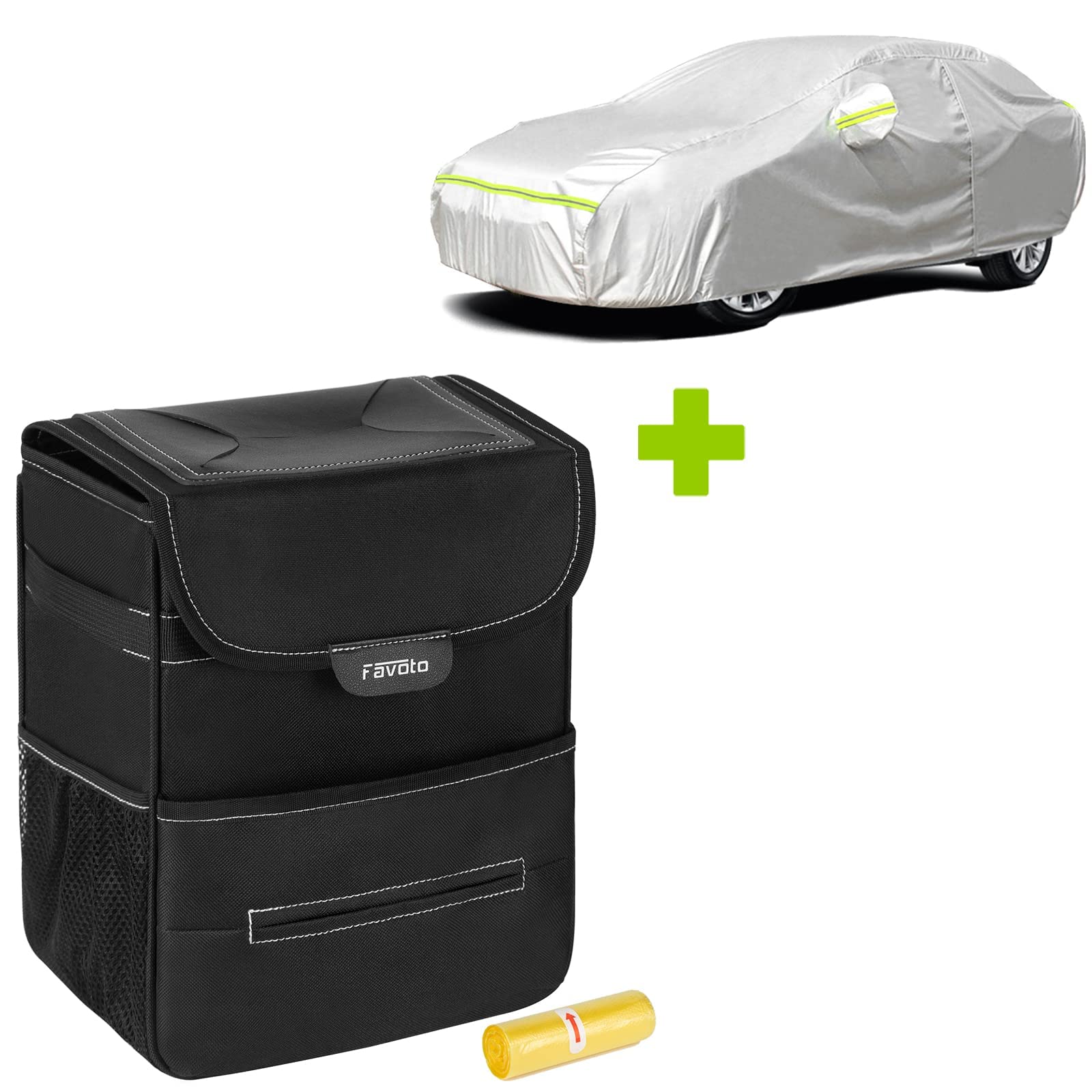 Favoto Car Trash Can with Lid & Car Cover for Sedan 167-185 inch - Waterproof Auto Organizer & Vehicle Protector for Road Trips, Camping & Daily Commute