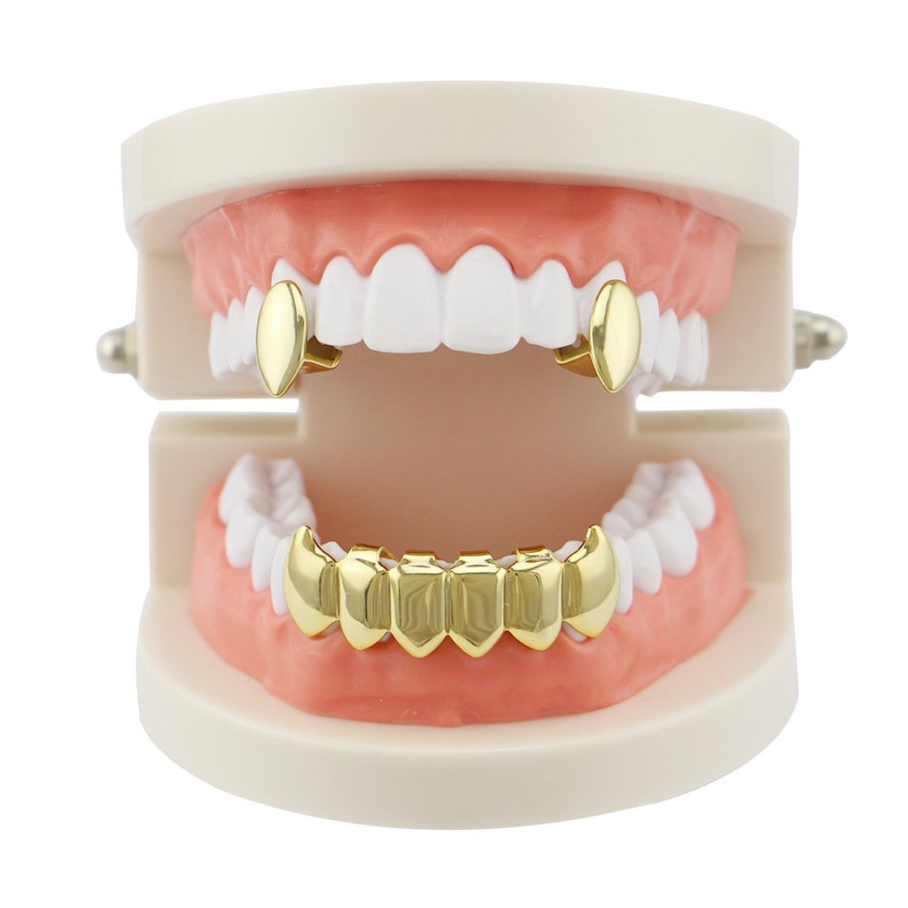 Psivika Gold Plated Shiny Hip Hop Grillz Teeth Caps - Iced Out CZ Top & Bottom Vampire Fangs Grillz for Men & Women | Perfect for Rap Performances, Music Videos & Streetwear Fashion