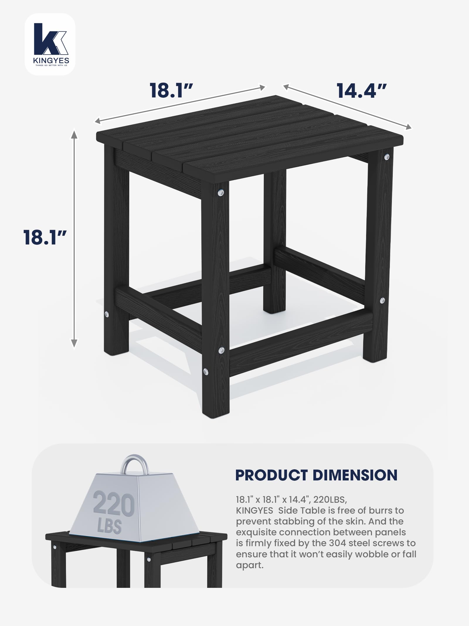 KINGYES Black Adirondack Side Table - Outdoor Patio Rectangular End Table for Garden, Deck, Poolside & Porch Use