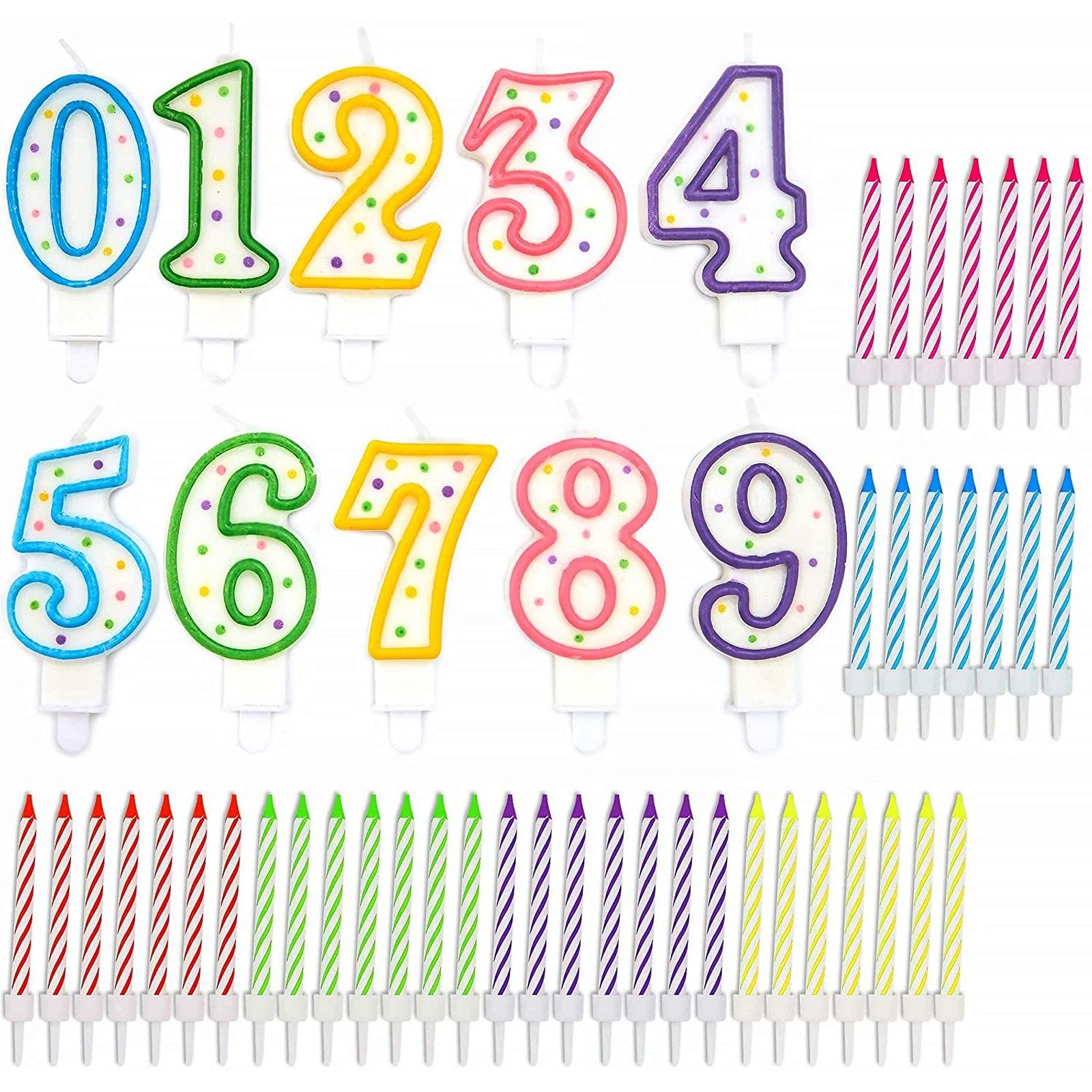 154-Piece Rainbow Striped Number Candles 0-9 - Cake Topper Decorations with Holders for Birthday Parties, Weddings & Celebrations - Perfect for DIY Cake Decorating and Festive Events