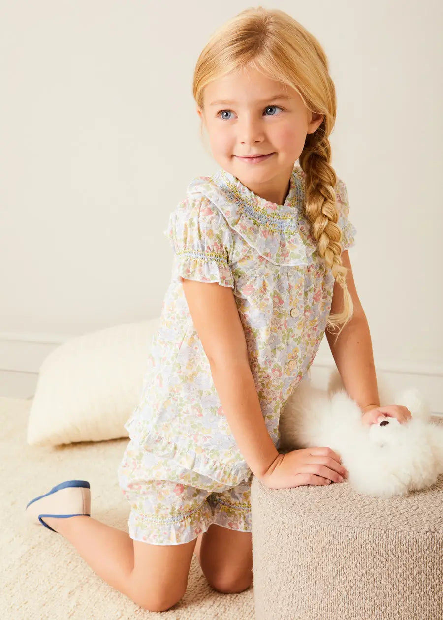 Clara Floral Ruffle Collar Short Sleeve Pajamas for Girls - Green Cotton Sleepwear (18 Months to 10 Years) | Comfortable Nightwear for Bedtime & Sleepovers