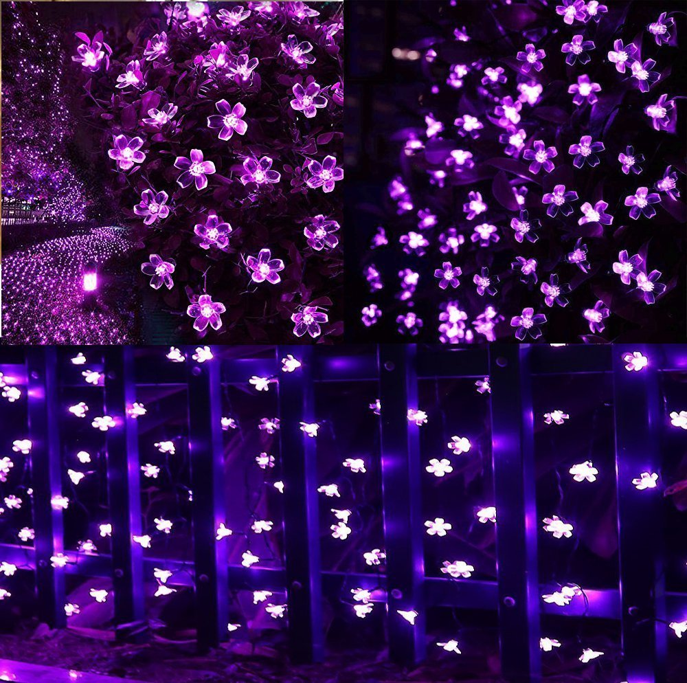 50LED Solar Fairy Lights Outdoor Waterproof - 7m Flower Solar String Lights for Garden, Patio, Lawn, Trees - Romantic Purple Blossom Lighting for Weddings, Parties & Home Decor