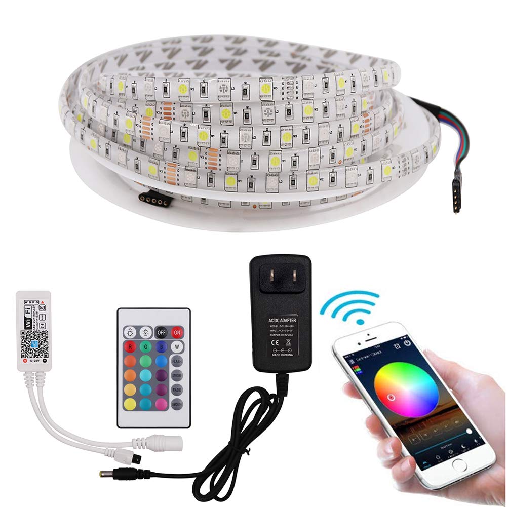 Xunata 16.4ft WiFi Smart LED Strip Lights - RGBWW 5050 Waterproof IP67, Works with Alexa & Google Assistant, Android/iOS App Control - Perfect for Bedroom, Kitchen, Party & Home Decoration