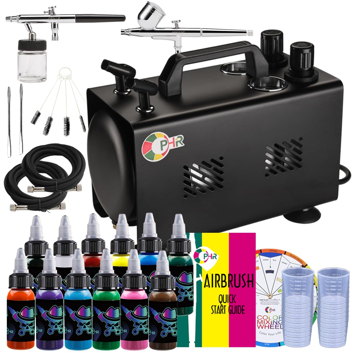 OPHIR 1/6 HP Dual Outlet Airbrush Compressor Kit with 1L Air Tank - 2 Airbrushes, 12 Acrylic Paint Colors, 5 Cleaning Brushes & 20 Measuring Cups for Model Painting, Cake Decorating & DIY Crafts