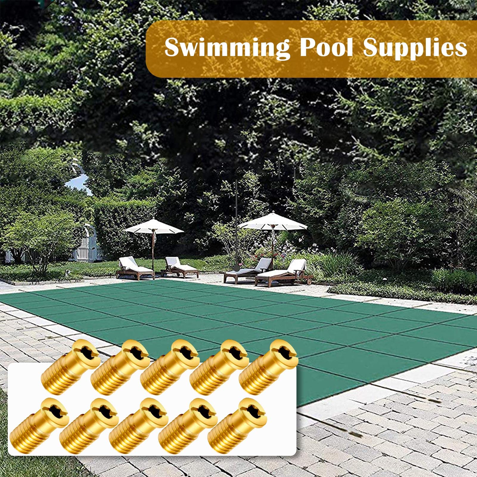 10-Piece Heavy Duty Brass Pool Cover Anchors Screws - Concrete Replacement Kit for Secure Inground Pool Safety Cover | Durable for All Seasons & Weather Conditions